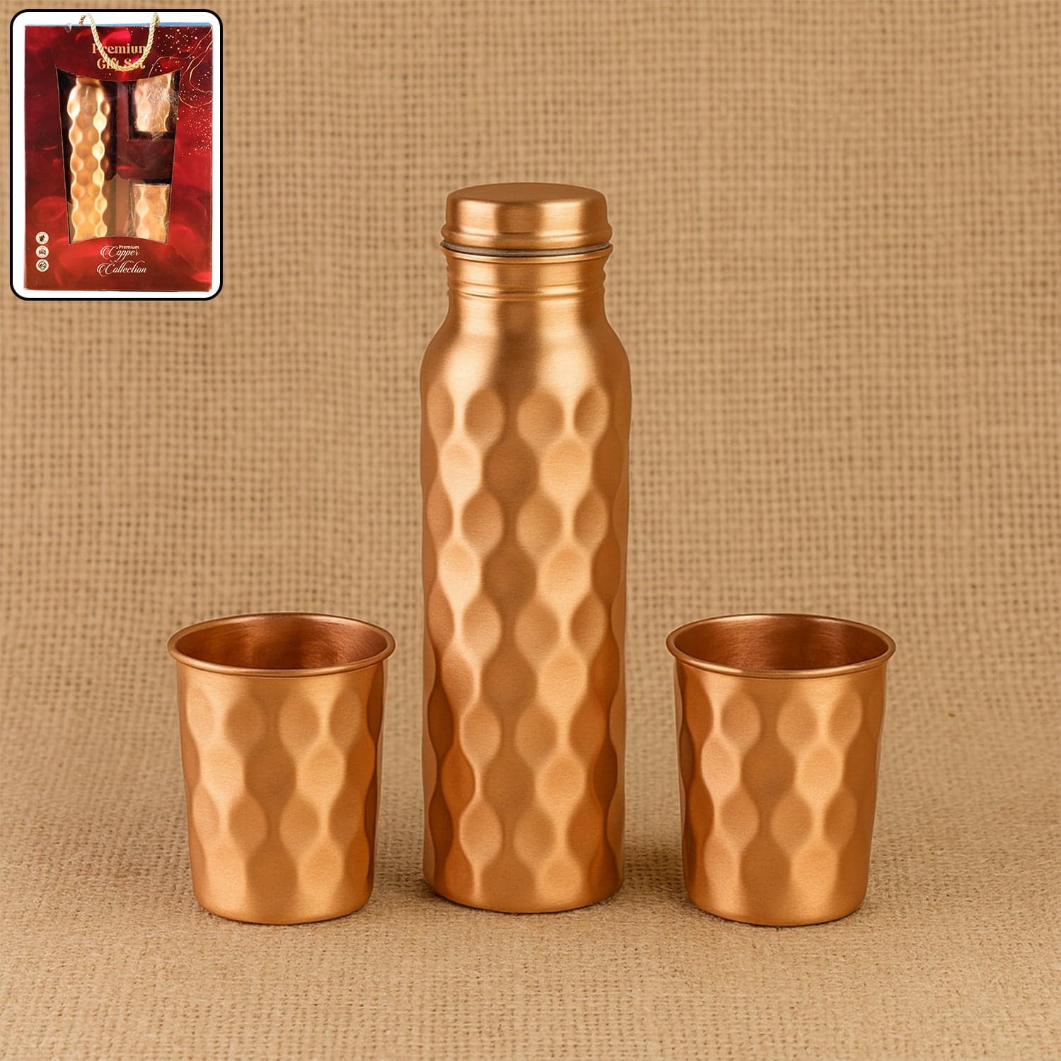 Diamond Cut Copper Water Bottle 2 Glasses with Gift Box (3 Pcs Set) thumbnail 1