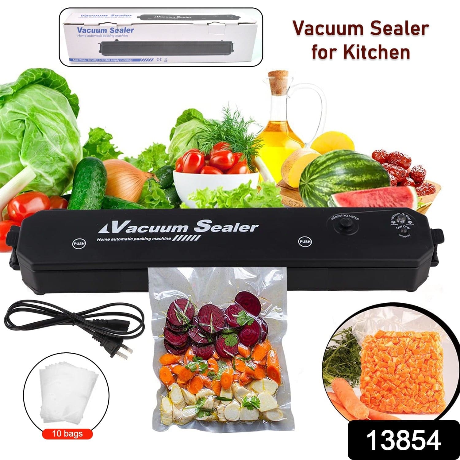 Vacuum Sealer Machine with 10 Bags, Automatic Hands-Free, Smart Food Preservation (1 Set) thumbnail 2