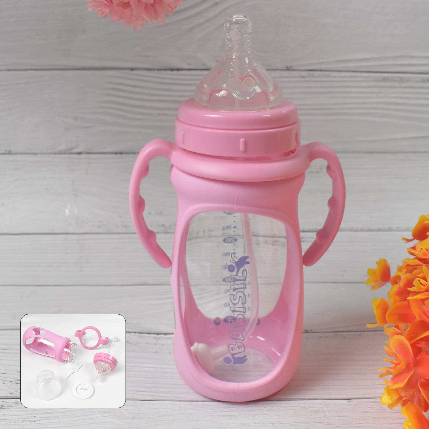 Baby Feeding Bottle with Handles & Straw (Mix Design, Size & Color / 1 Pc) thumbnail 1