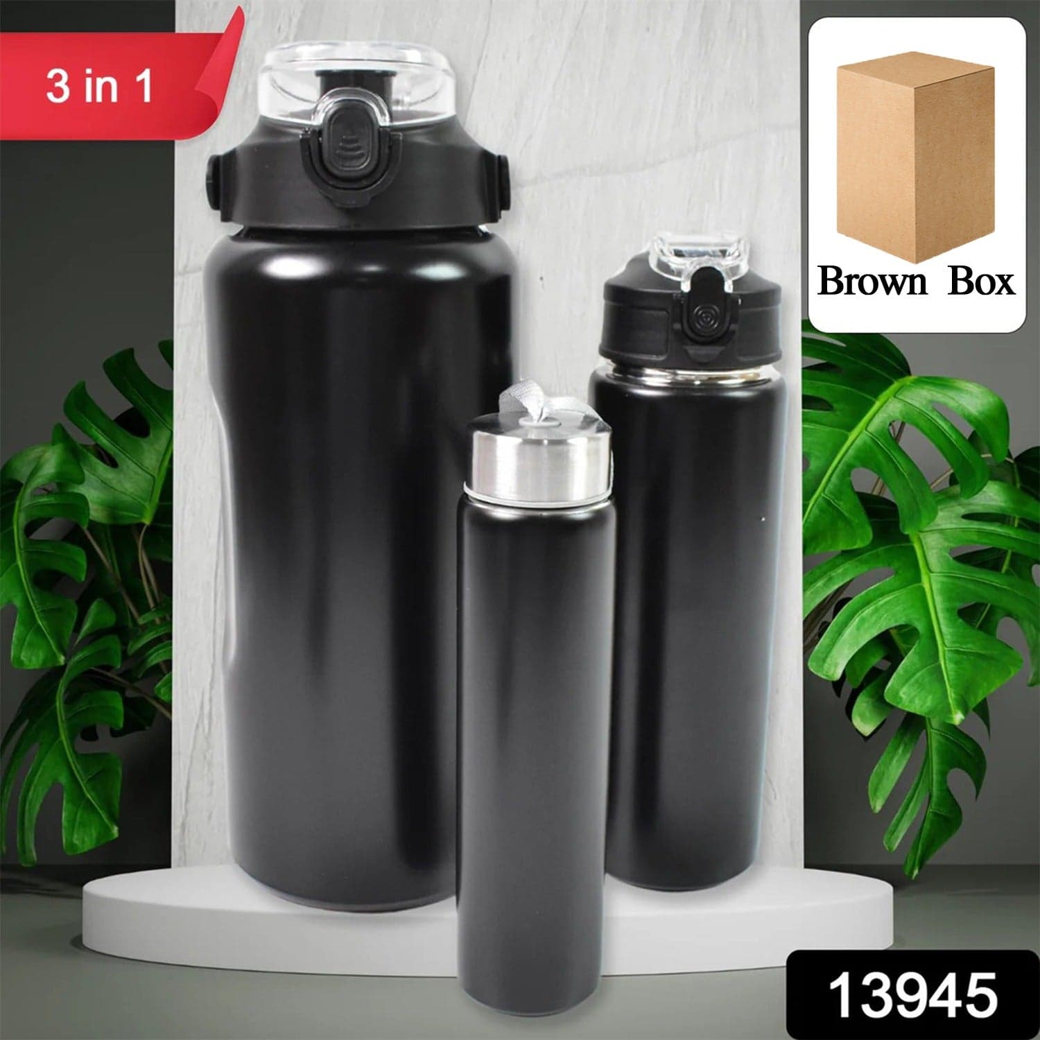 3 In 1 Stainless Steel Insulated Water Bottle, Double Wall Vacuum (3 Pcs Set / Different Size) thumbnail 2