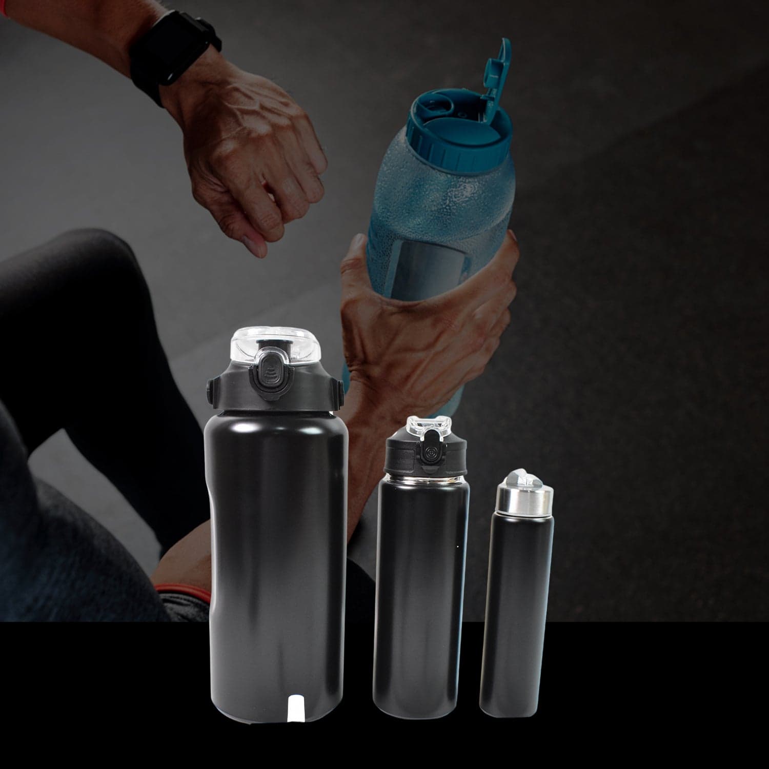3 In 1 Stainless Steel Insulated Water Bottle, Double Wall Vacuum (3 Pcs Set / Different Size) thumbnail 4