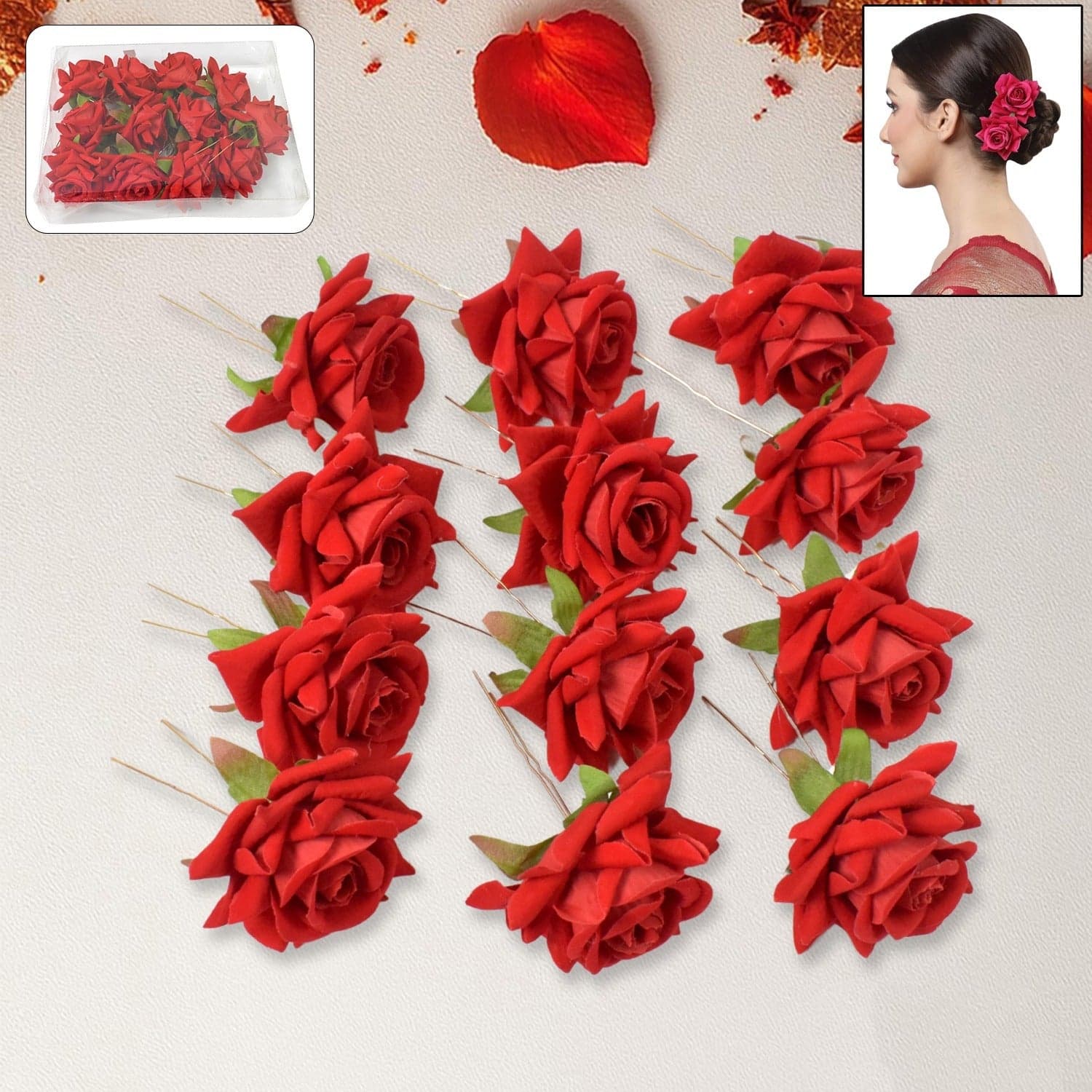 Hair Clip Red Rose Bridal Hair Pins Rose (12 Pcs Set / Red Color Only), Hair accessories thumbnail 1