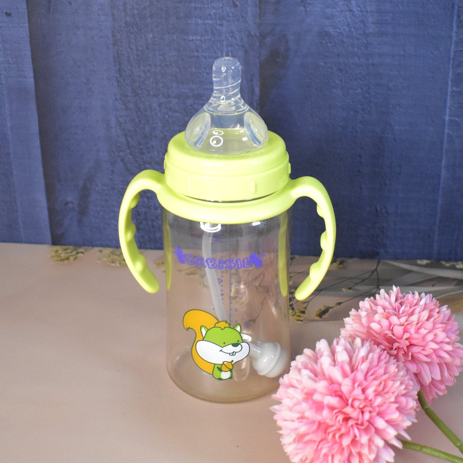 Plastic Baby Feeding Bottle with Handles, Cleaning brush & Straw (300 ML / 1 Pc) thumbnail 3