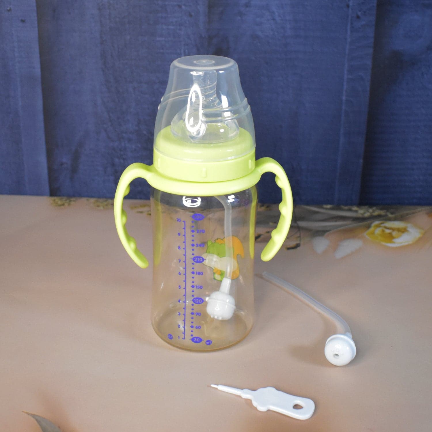 Plastic Baby Feeding Bottle with Handles, Cleaning brush & Straw (300 ML / 1 Pc) thumbnail 4