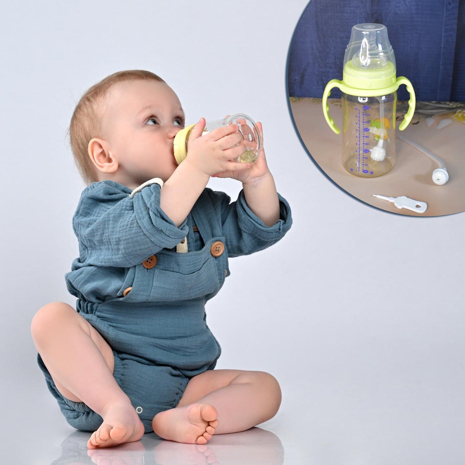 Plastic Baby Feeding Bottle with Handles, Cleaning brush & Straw (300 ML / 1 Pc) thumbnail 7