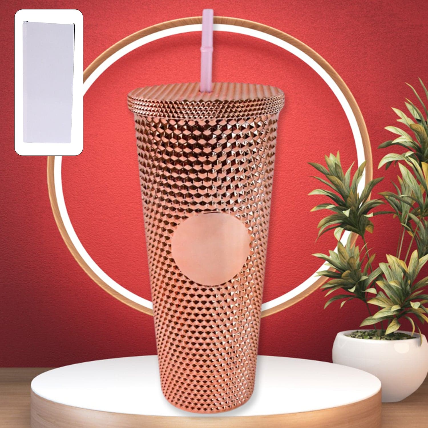 Studded Cup Tumbler Straw Lid - Plastic Double Walled Cold Cup for iced Coffee thumbnail 3