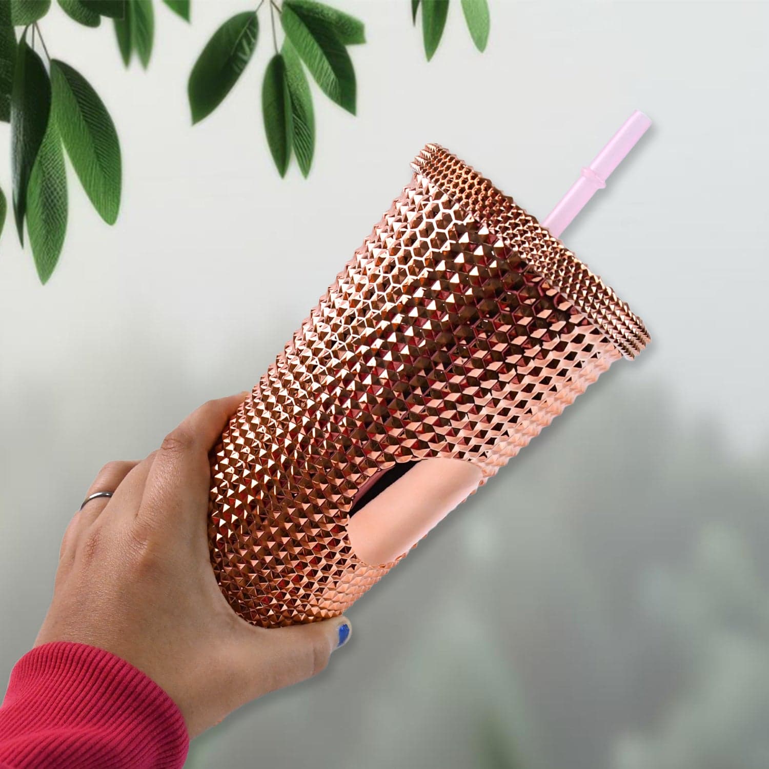 Studded Cup Tumbler Straw Lid - Plastic Double Walled Cold Cup for iced Coffee thumbnail 5