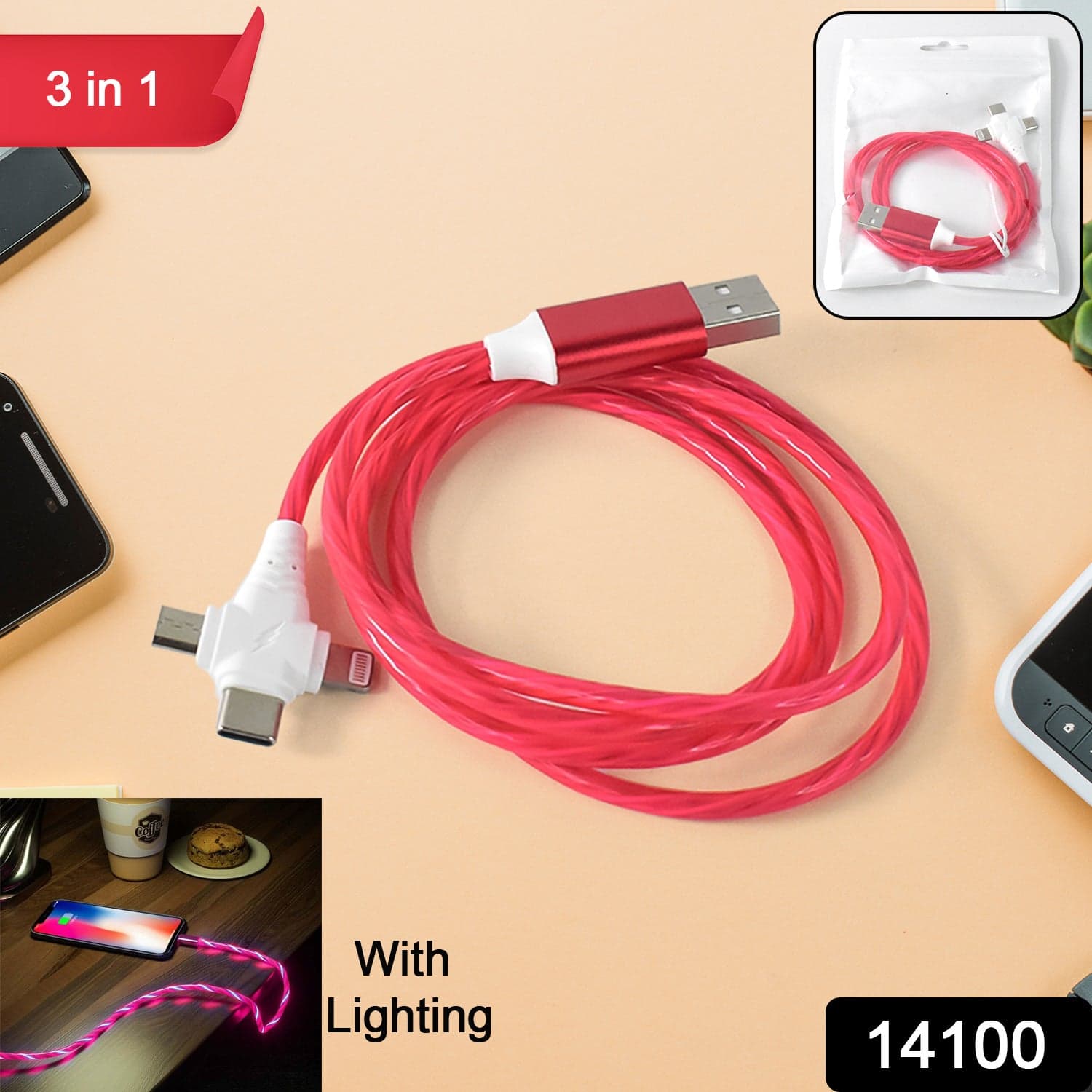 3 in 1 Charging Cable Light Up Fast Charger Lighting Cable (Mix Color) thumbnail 2