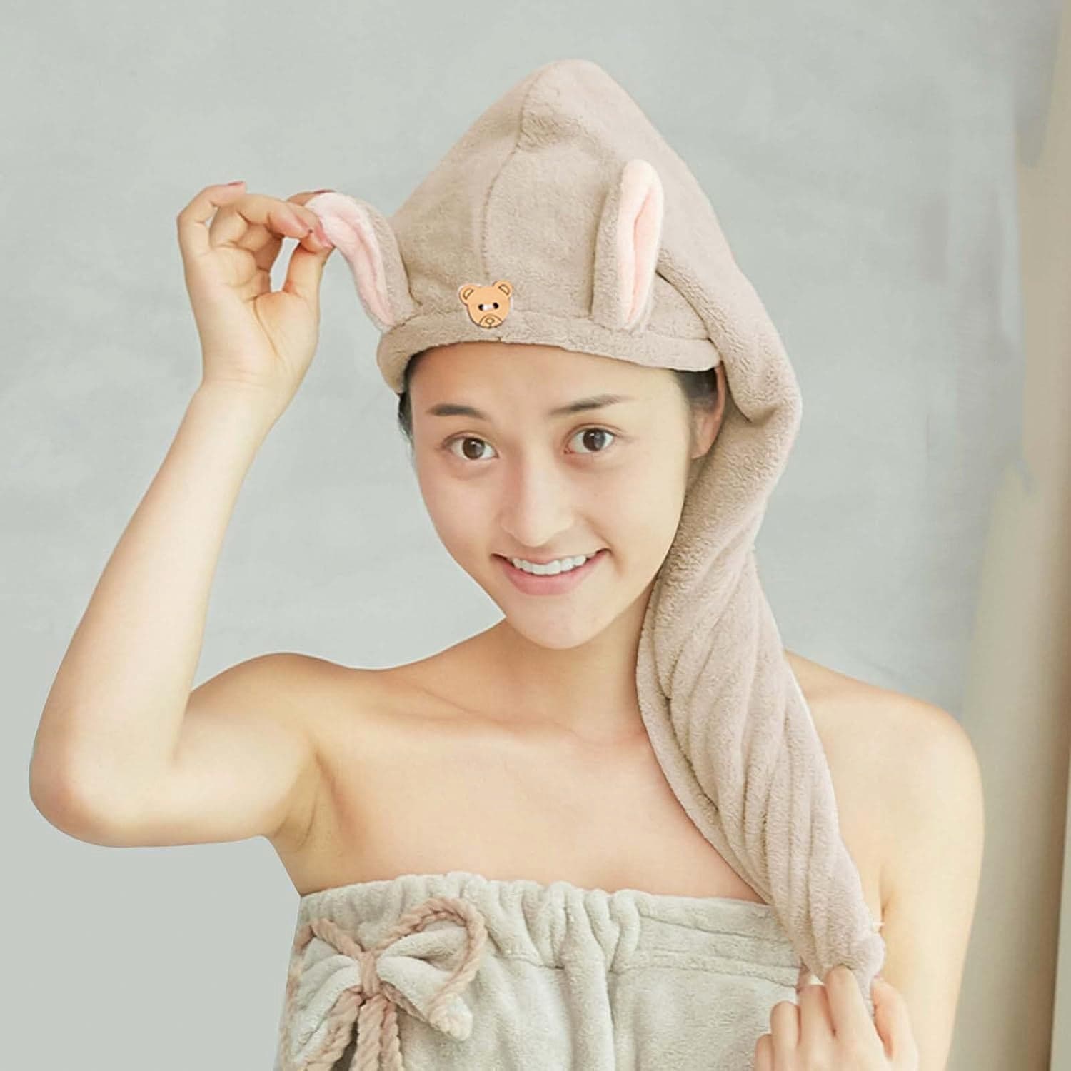 Cute Animal Ear Hooded Hair Drying Towel Wrap 1 Pc thumbnail 2