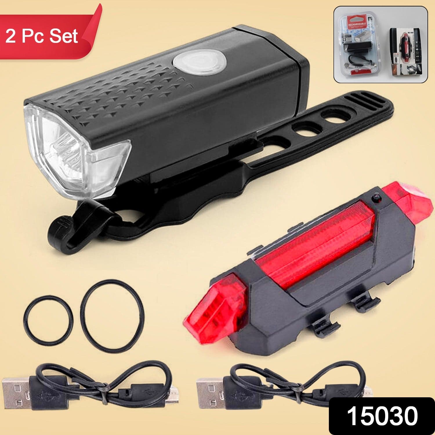 Combo of Bicycle LED USB Rechargeable Head Light and Tail Light (2 Pc Set) thumbnail 2