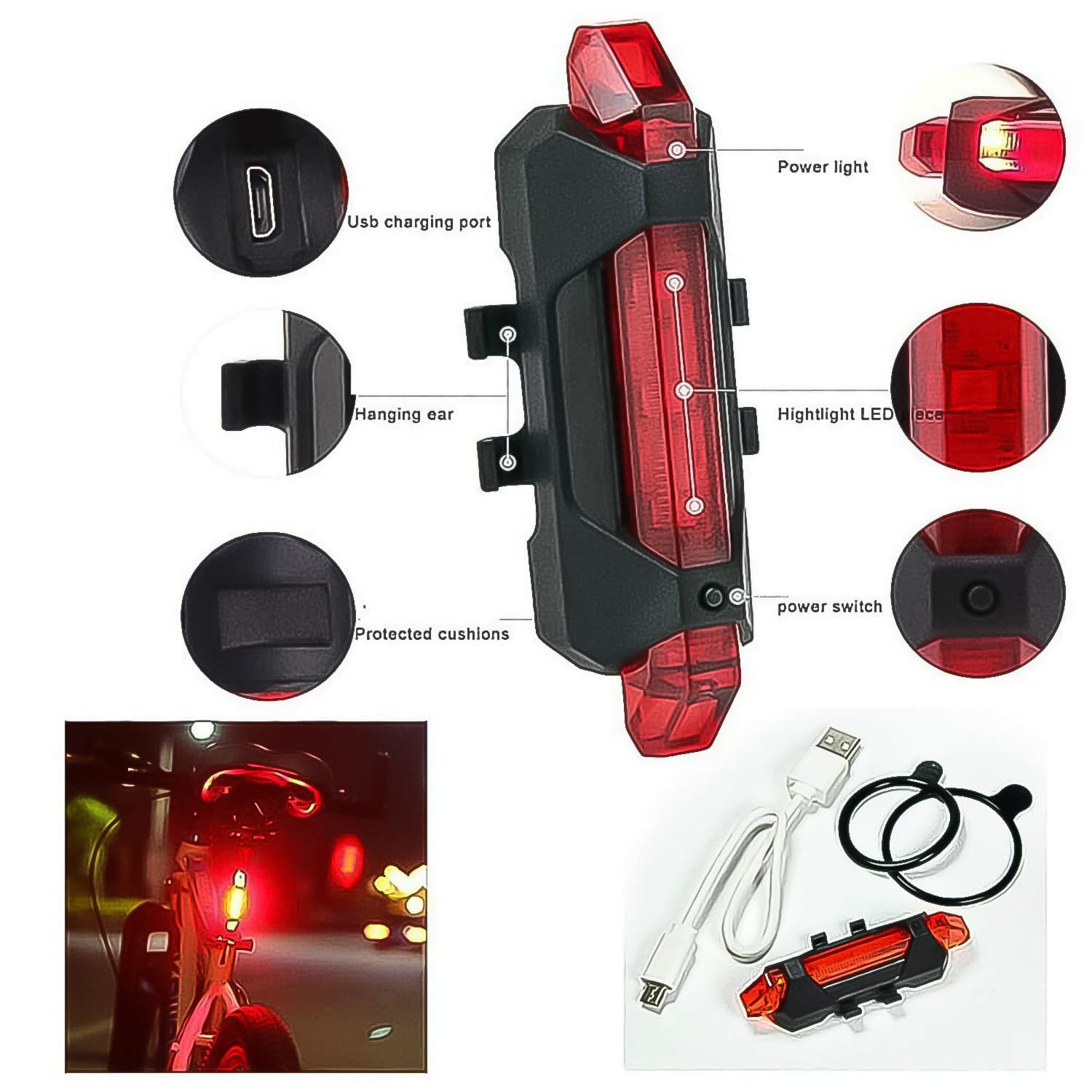 Combo of Bicycle LED USB Rechargeable Head Light and Tail Light (2 Pc Set) thumbnail 3