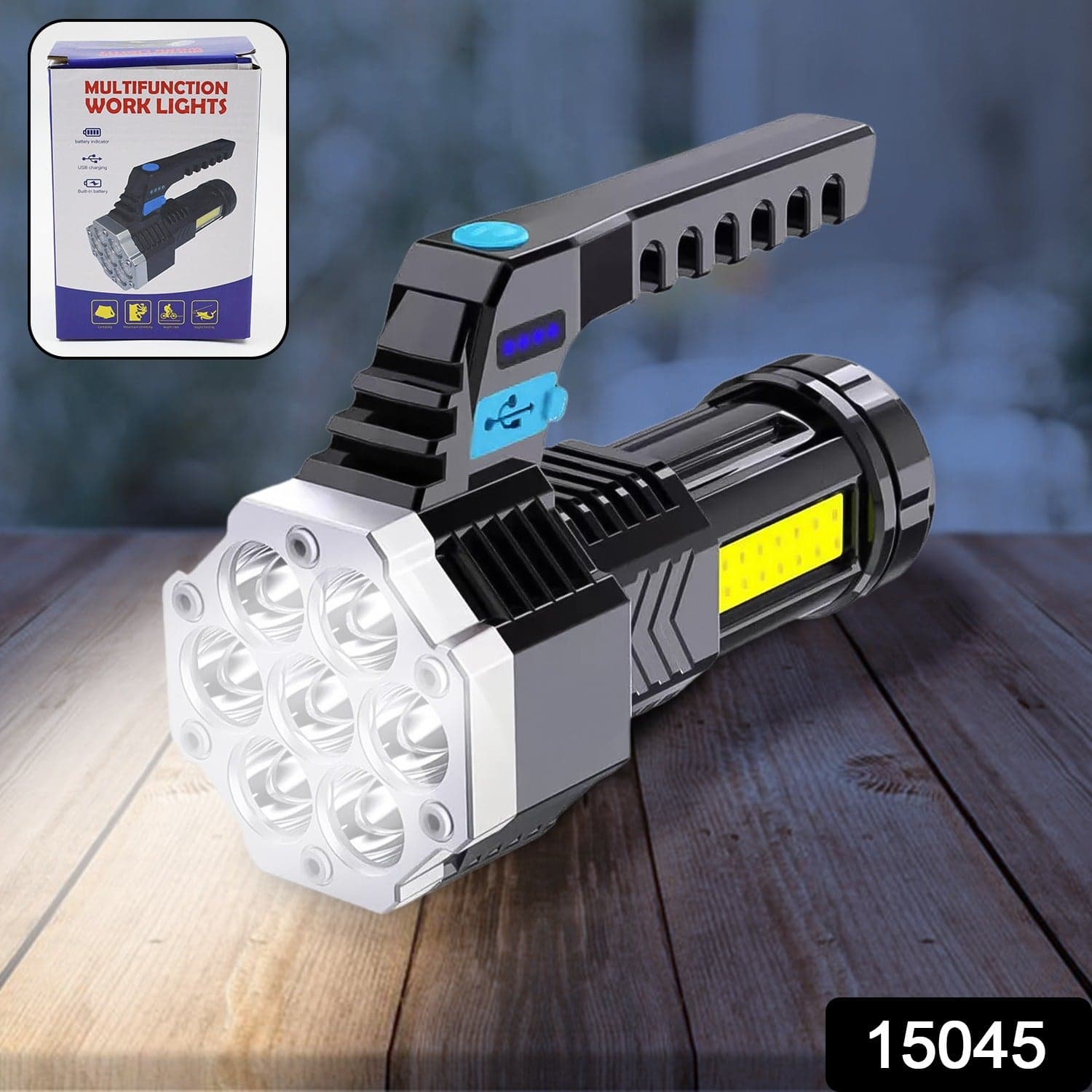 Portable Flashlight / Torch COB 7LED Hand Light USB Rechargeable Light with Side Light (1 Pc) thumbnail 2