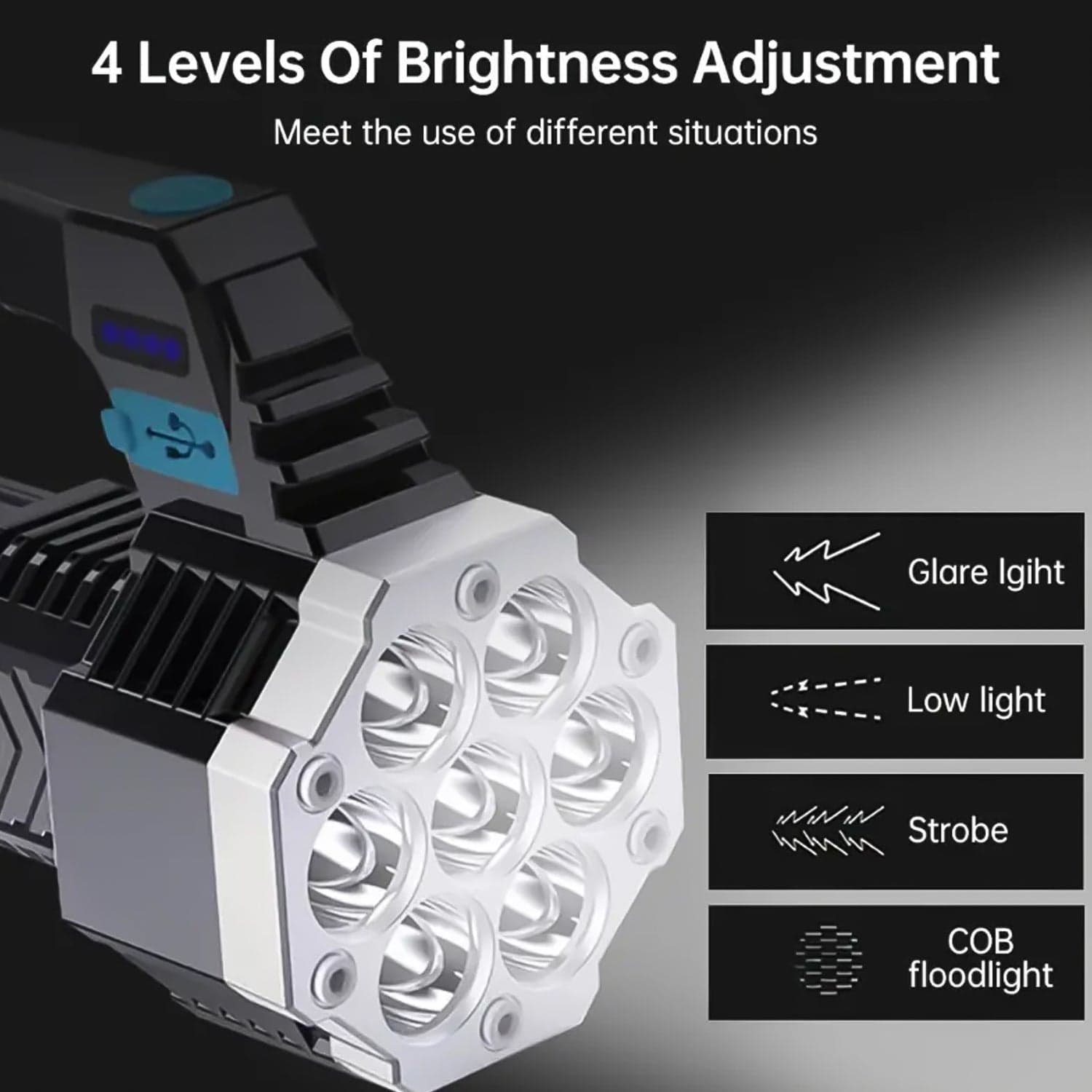 Portable Flashlight / Torch COB 7LED Hand Light USB Rechargeable Light with Side Light (1 Pc) thumbnail 3
