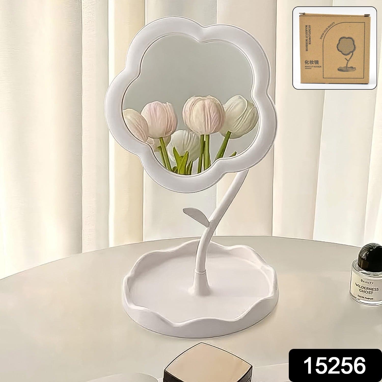 Flower-Shaped Makeup Mirror, Rotatable Makeup Mirror with Tray Table Vanity thumbnail 2