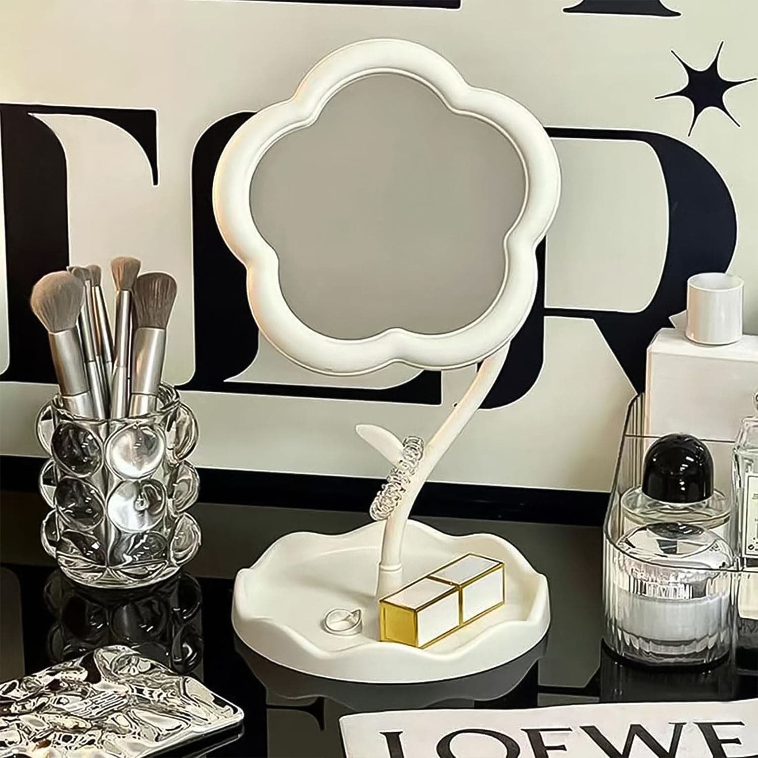 Flower-Shaped Makeup Mirror, Rotatable Makeup Mirror with Tray Table Vanity thumbnail 3