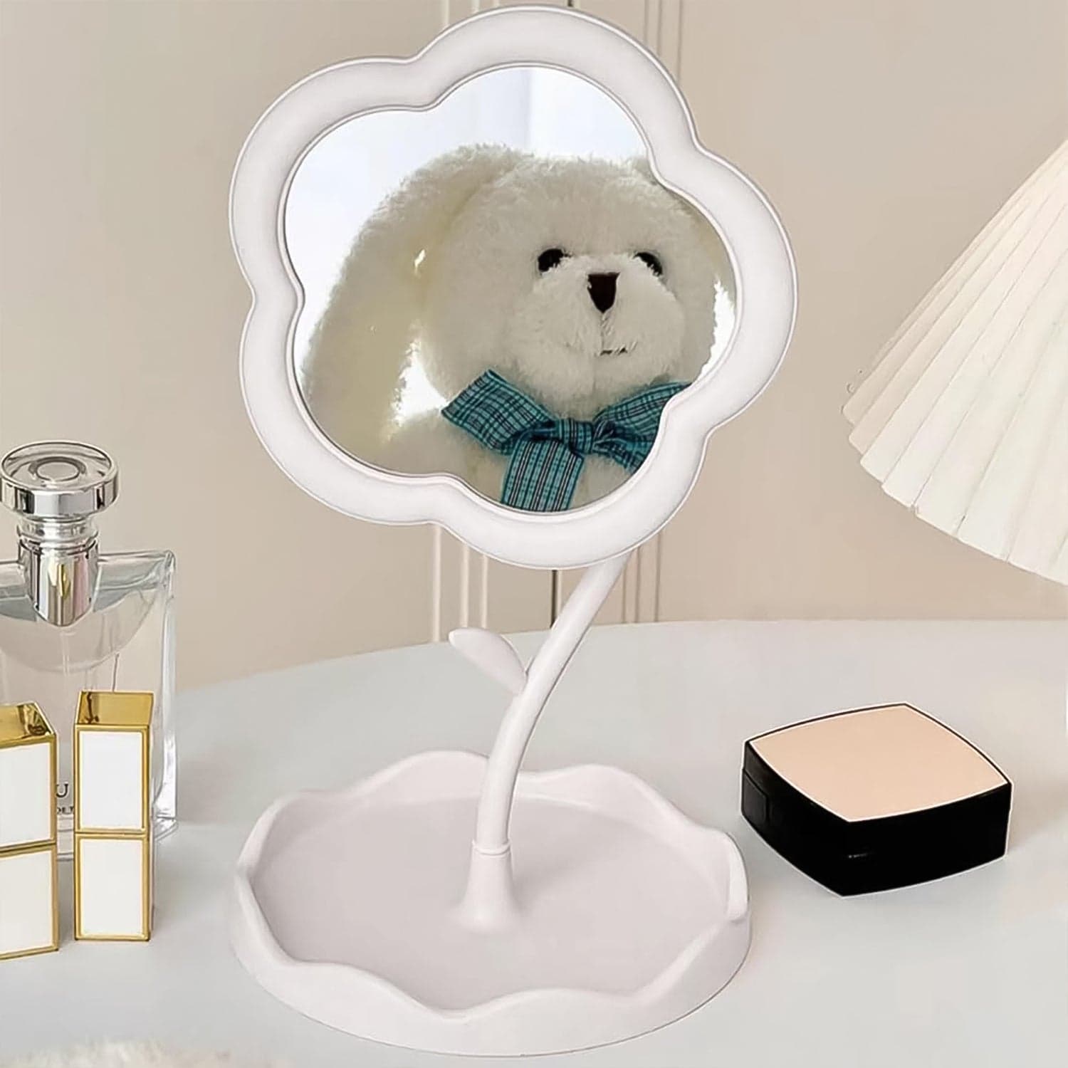 Flower-Shaped Makeup Mirror, Rotatable Makeup Mirror with Tray Table Vanity thumbnail 4