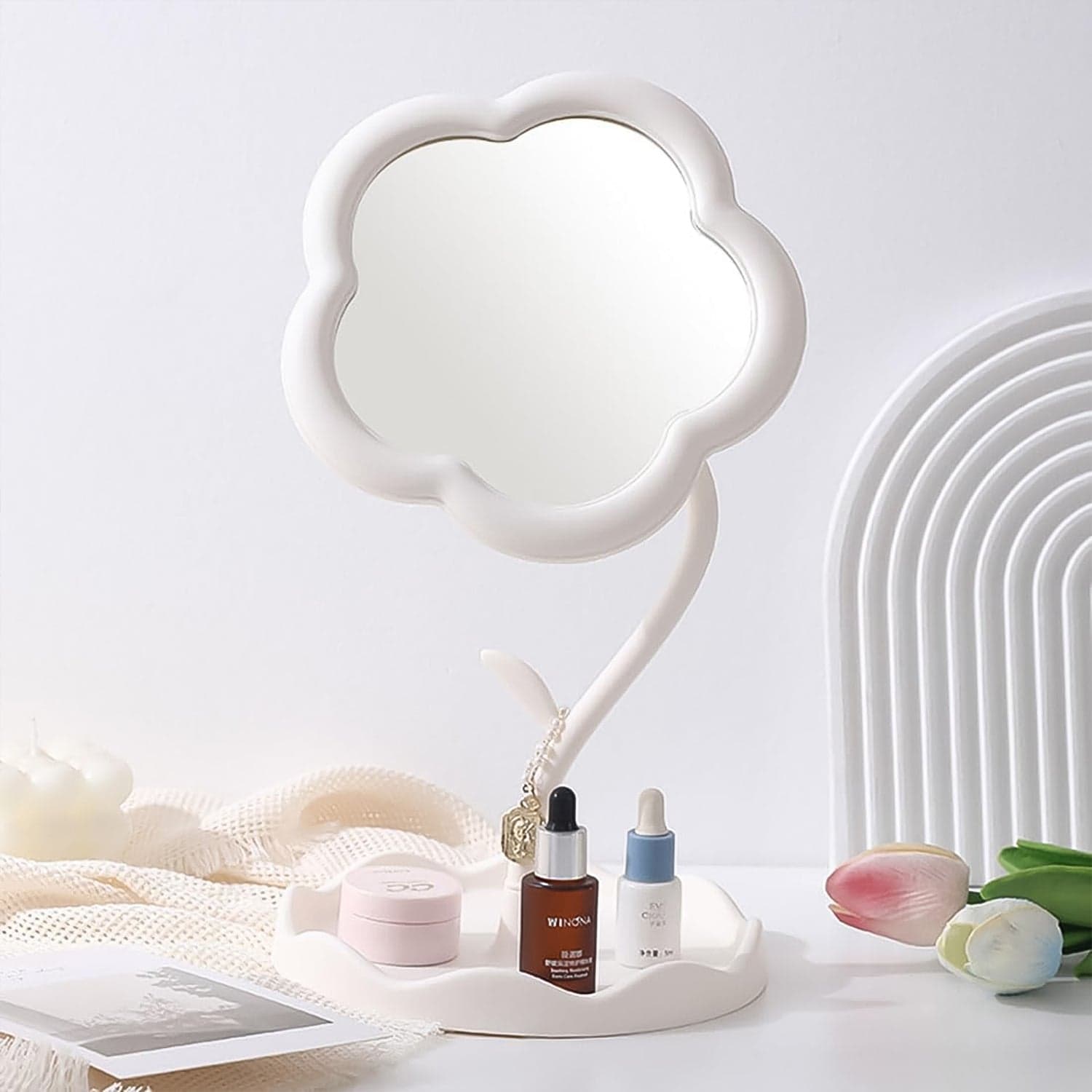Flower-Shaped Makeup Mirror, Rotatable Makeup Mirror with Tray Table Vanity thumbnail 5