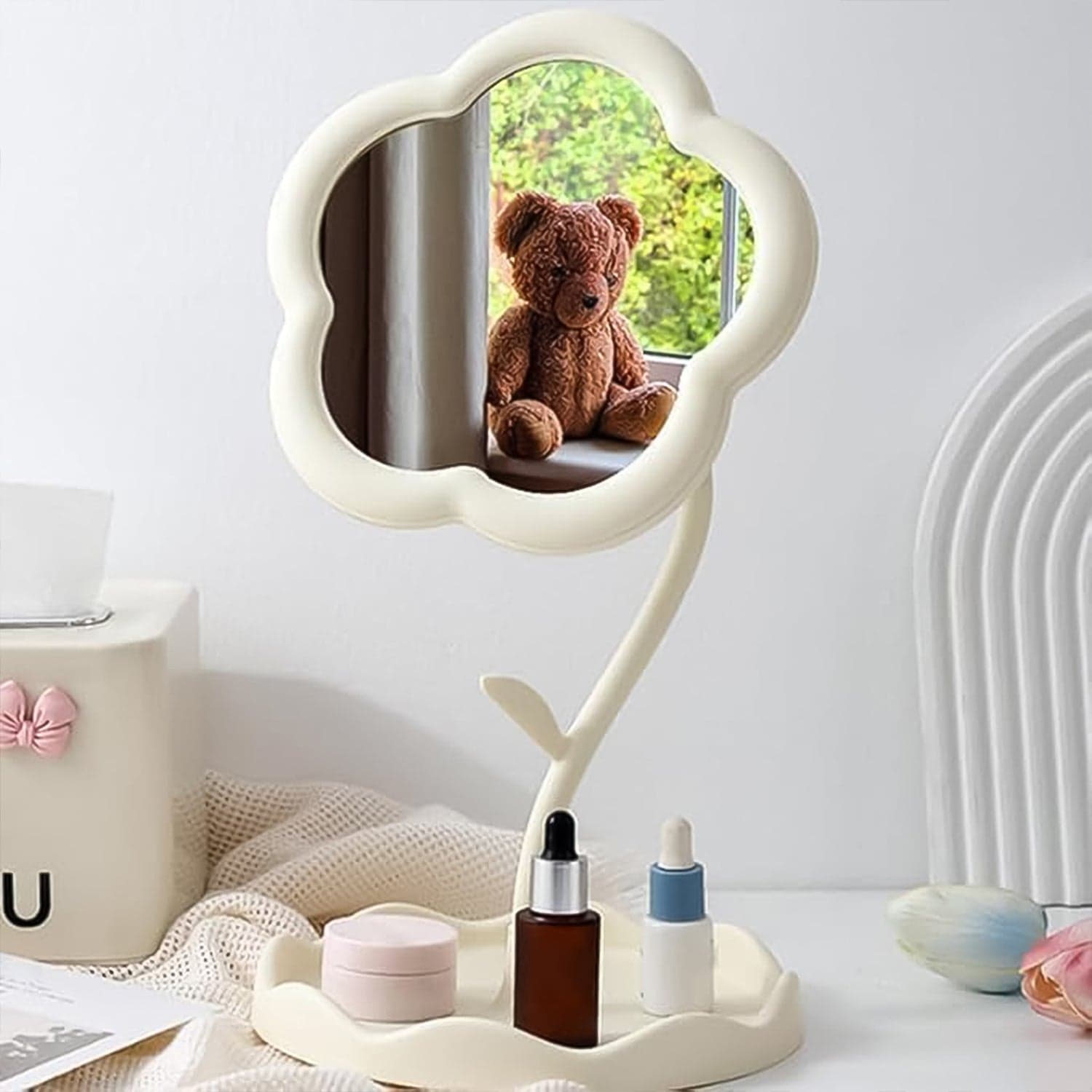 Flower-Shaped Makeup Mirror, Rotatable Makeup Mirror with Tray Table Vanity thumbnail 6