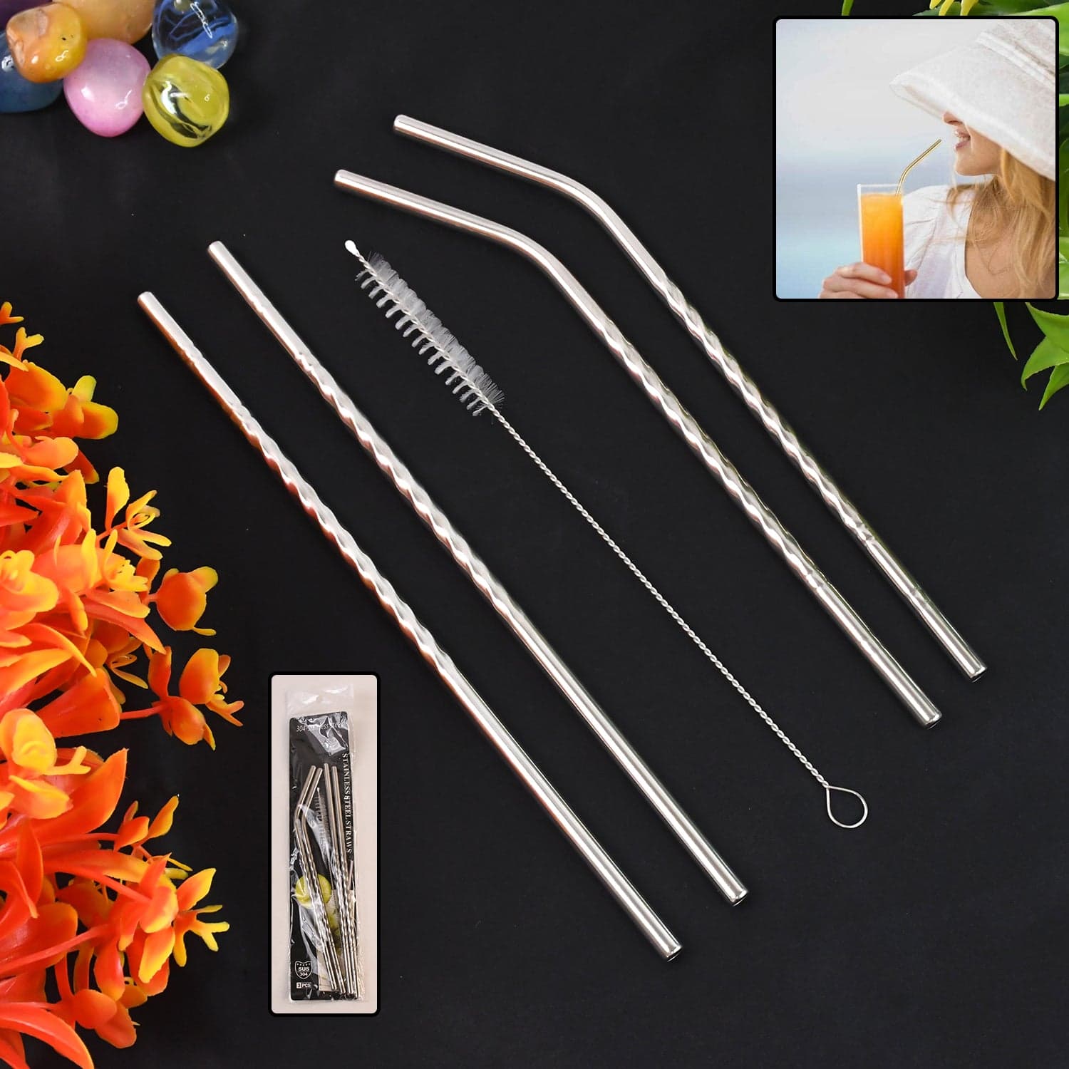Reusable Stainless Steel Straws Set of 5 (2 Straight straws, 2 Bent straws, 1 Brush) thumbnail 1