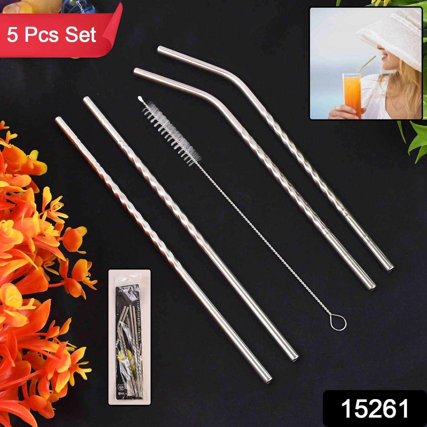 Reusable Stainless Steel Straws Set of 5 (2 Straight straws, 2 Bent straws, 1 Brush) thumbnail 2