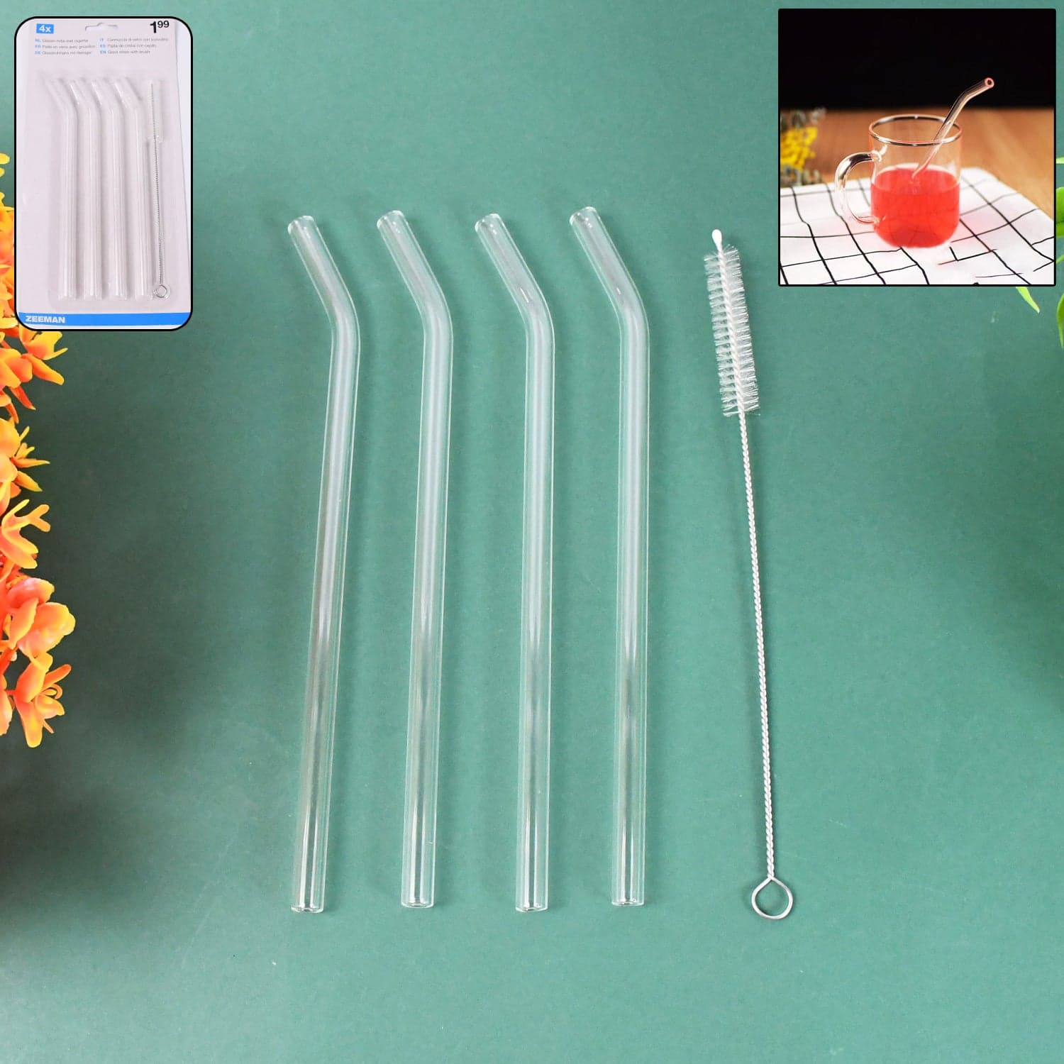 4 Pcs Reusable Glass Straws with 1 Cleaning Brushes thumbnail 1