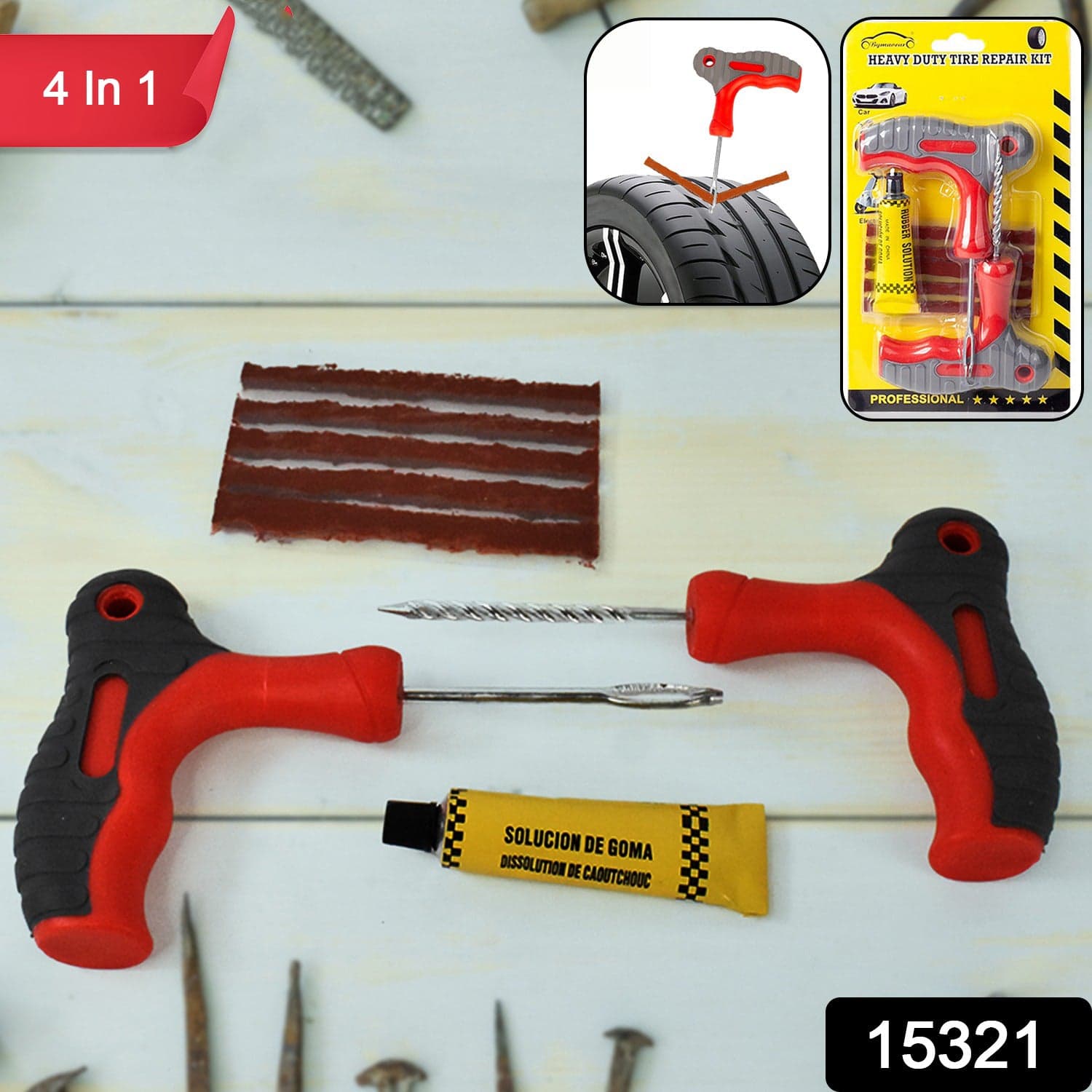 4 in 1 Universal Tubeless Tyre Puncture Repair Kit Tool Set thumbnail 2