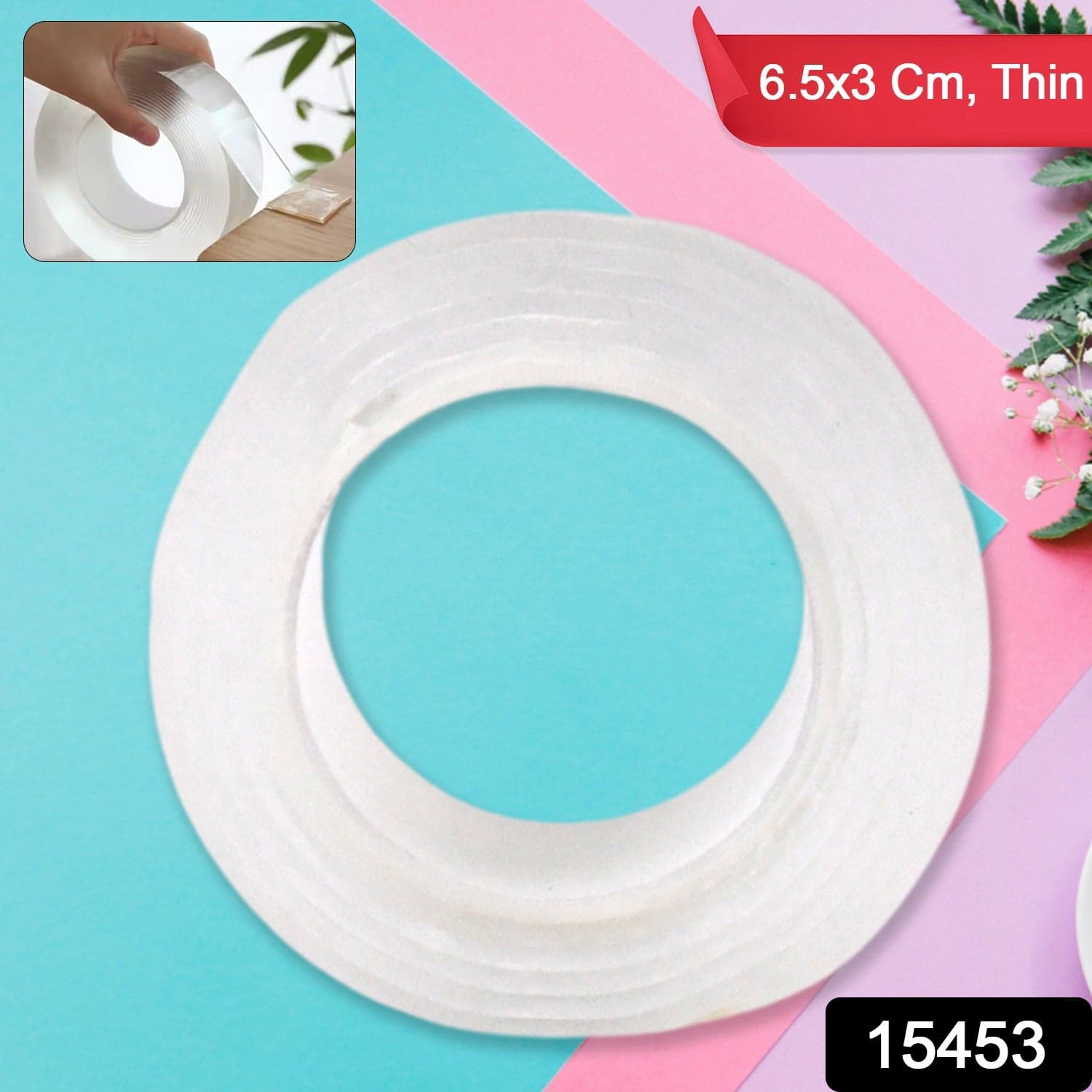 Sticky Double Sided Tape Washable Adhesive Tape Reusable (Thin / 6.5—3 Cm / 1 Pc) thumbnail 2