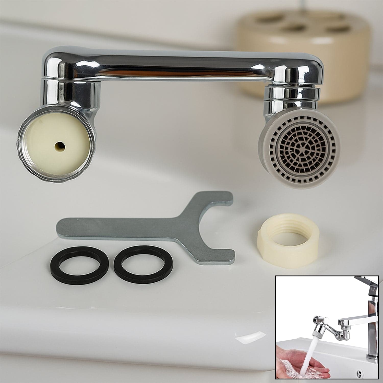 Splash Faucet Filter Of 180° Rotating Sprayer, Double O-Ring, Movable Water-Saving Sink Aerator Extender (Loose) thumbnail 1