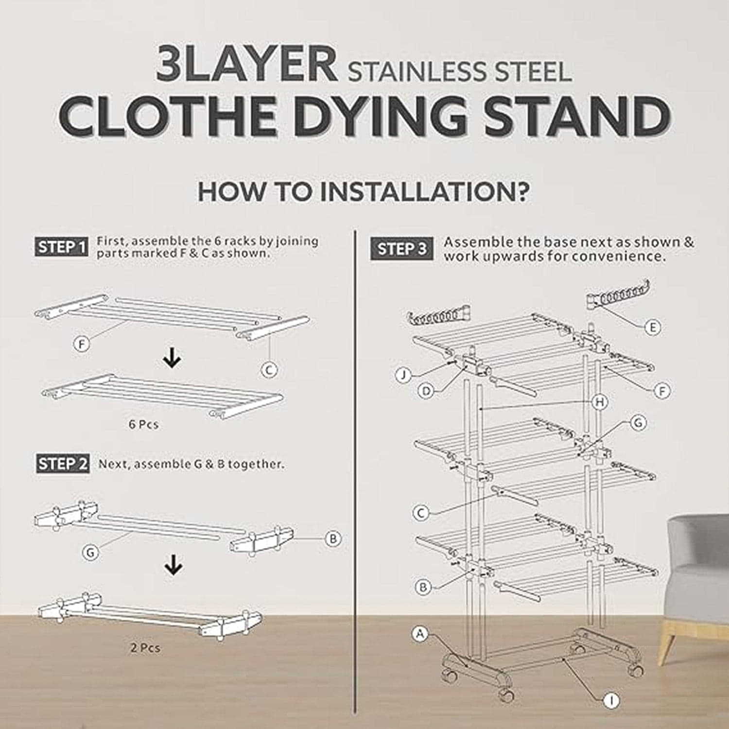 3L Ss Cloth Drying Stand With Wheels thumbnail 3