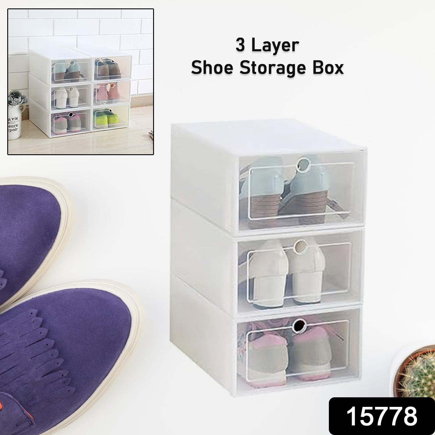 3 Layer Transparent Shoes Storage Box Plastic Stackable Shoe Storage (1 Set / 3 Layer) thumbnail 2
