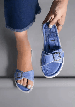 Denim-Look Buckle Strap Open-Toe Slip-On Sandals