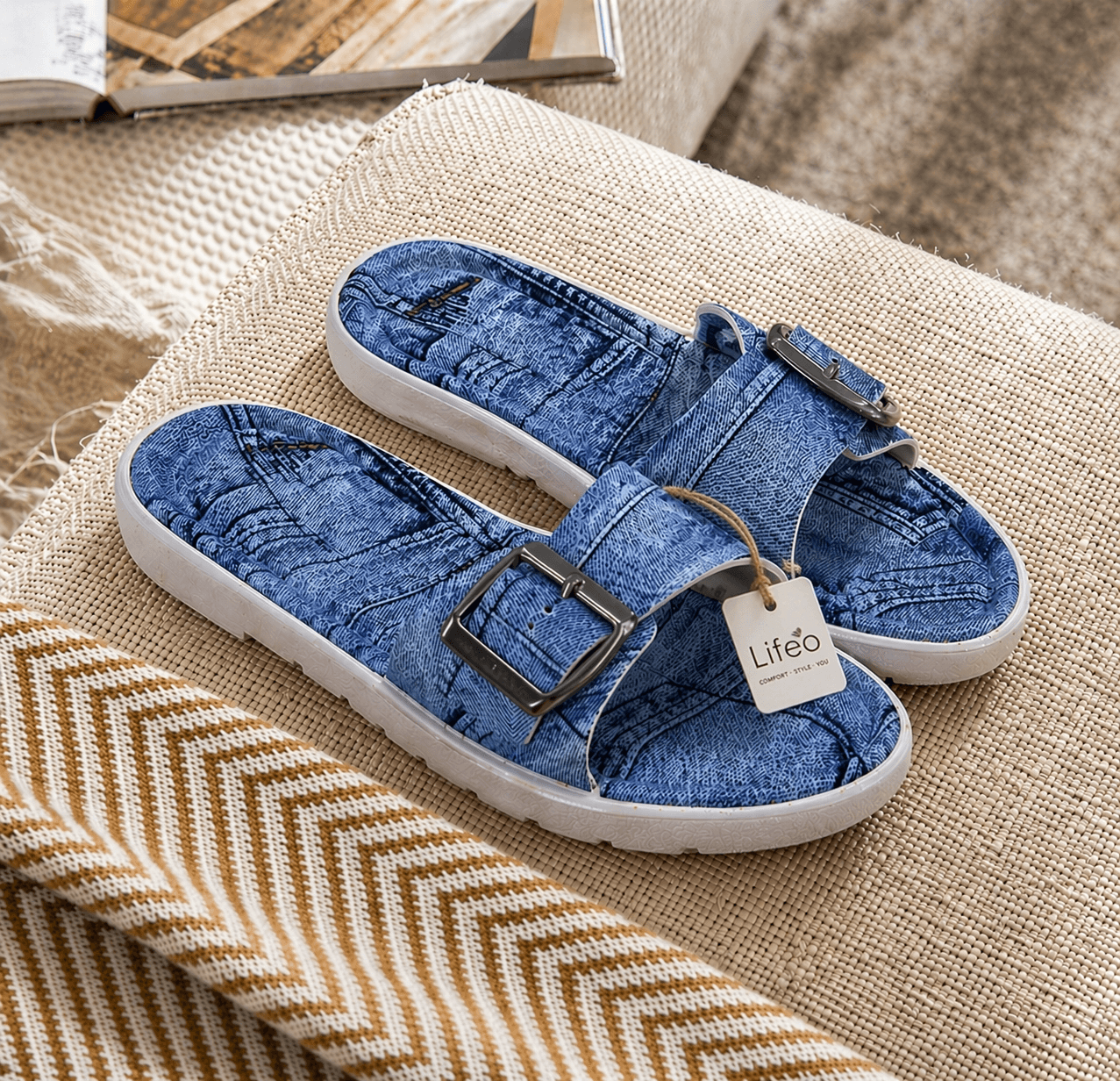 Denim-Look Buckle Strap Open-Toe Slip-On Sandals thumbnail 2