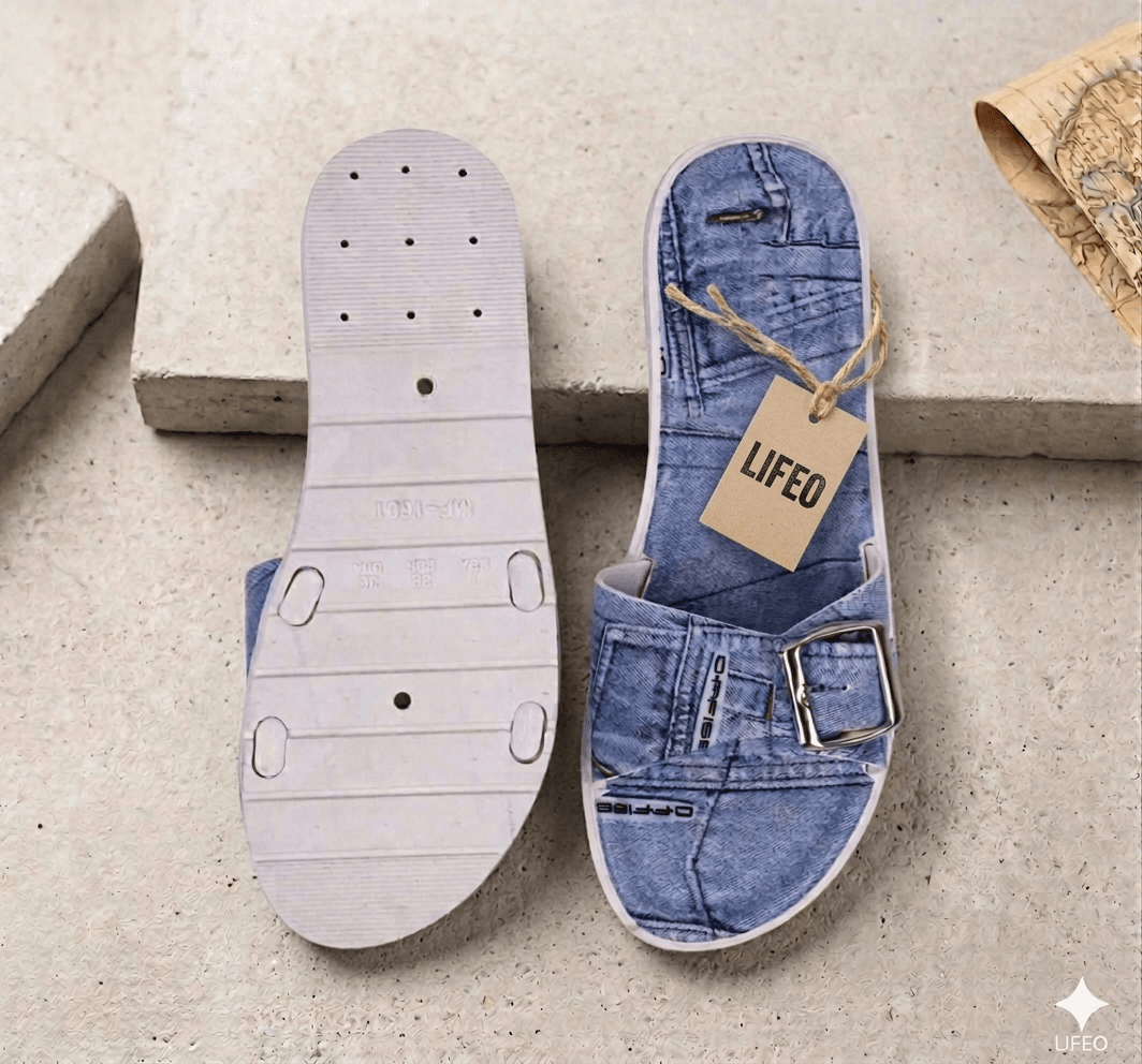 Denim-Look Buckle Strap Open-Toe Slip-On Sandals thumbnail 3