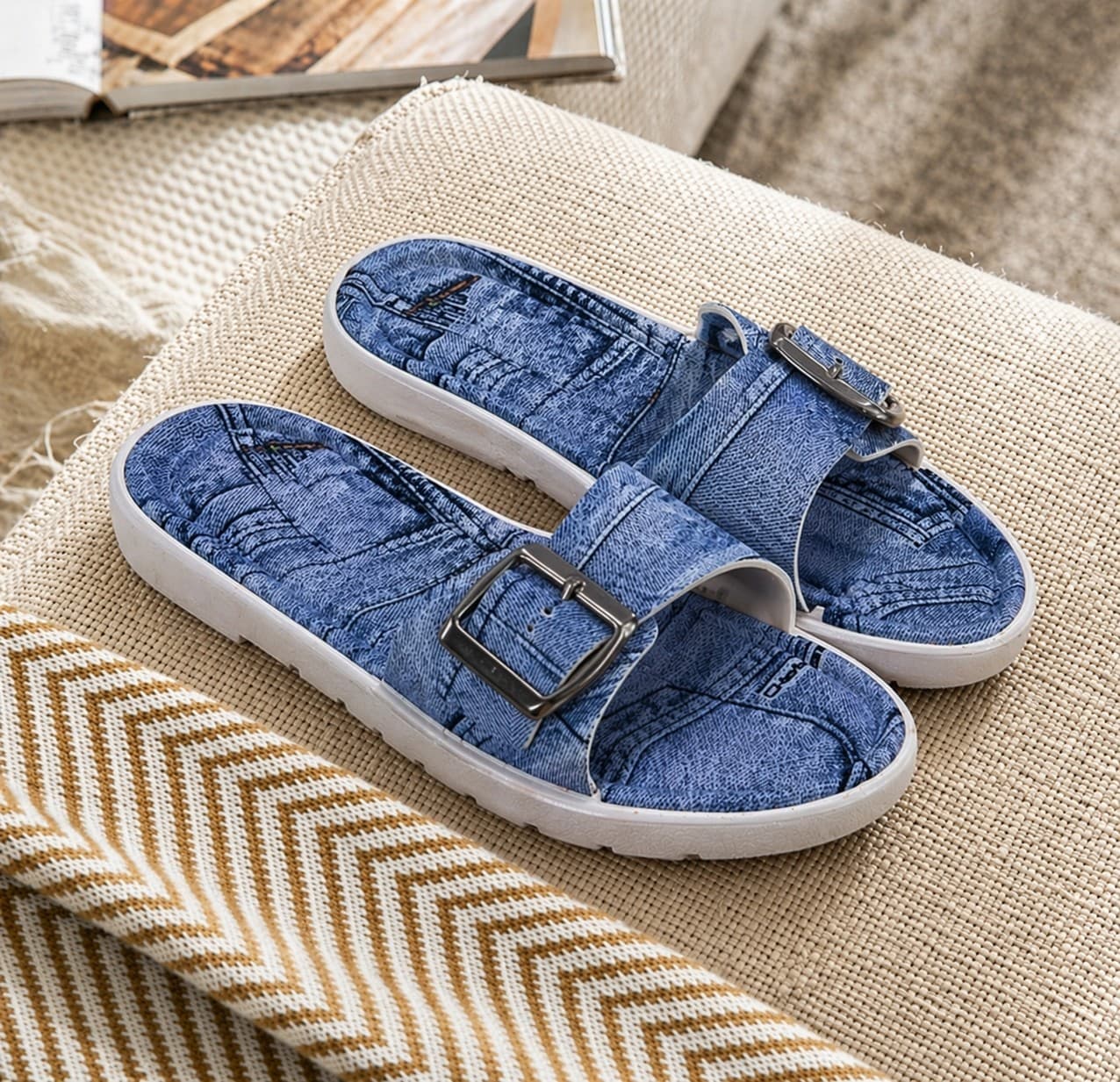 Denim-Look Buckle Strap Open-Toe Slip-On Sandals thumbnail 5