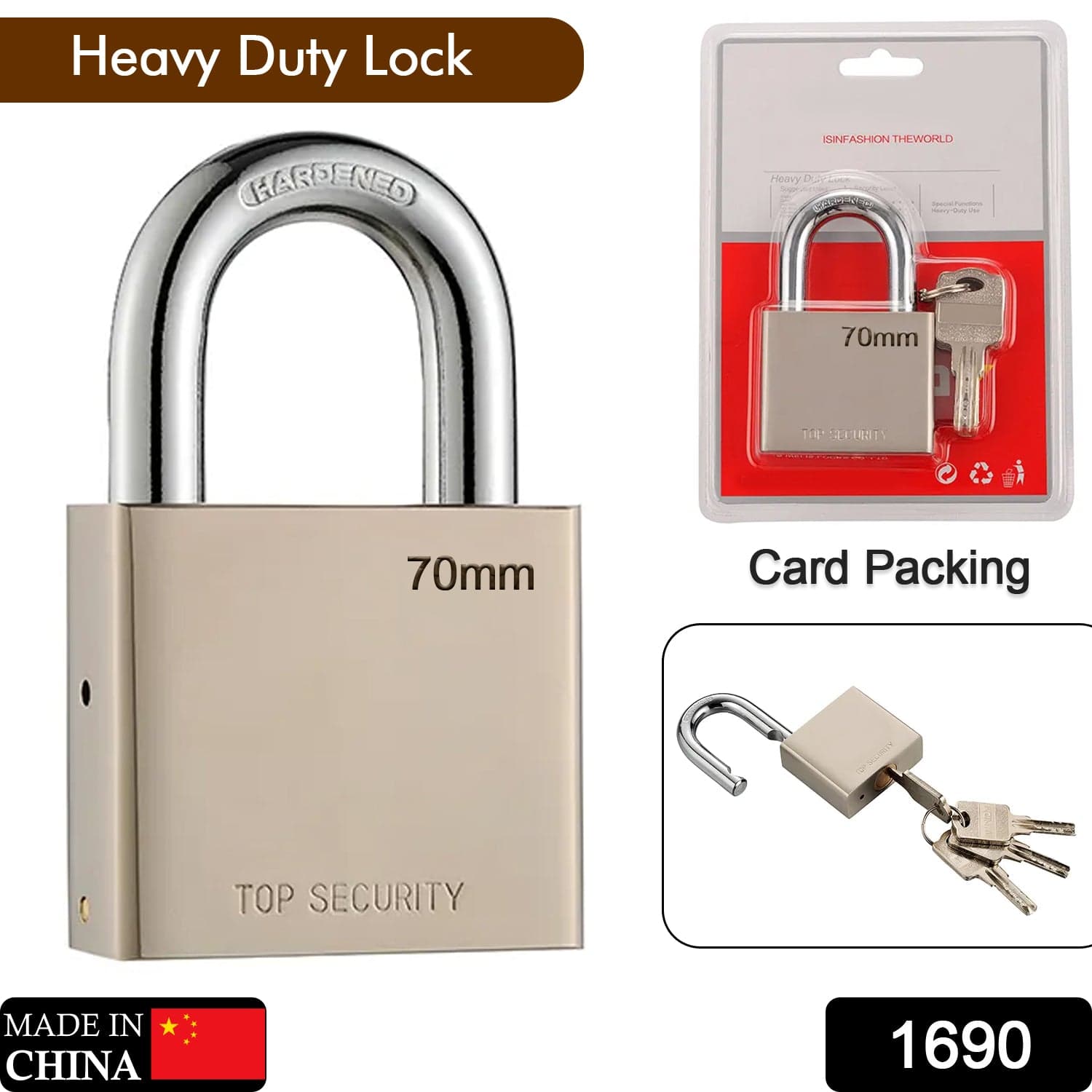 Heavy Steel Premium Square Padlock 70Mm With 4 Keys | Multipurpose Hardened Shackle Padlock For Door thumbnail 2