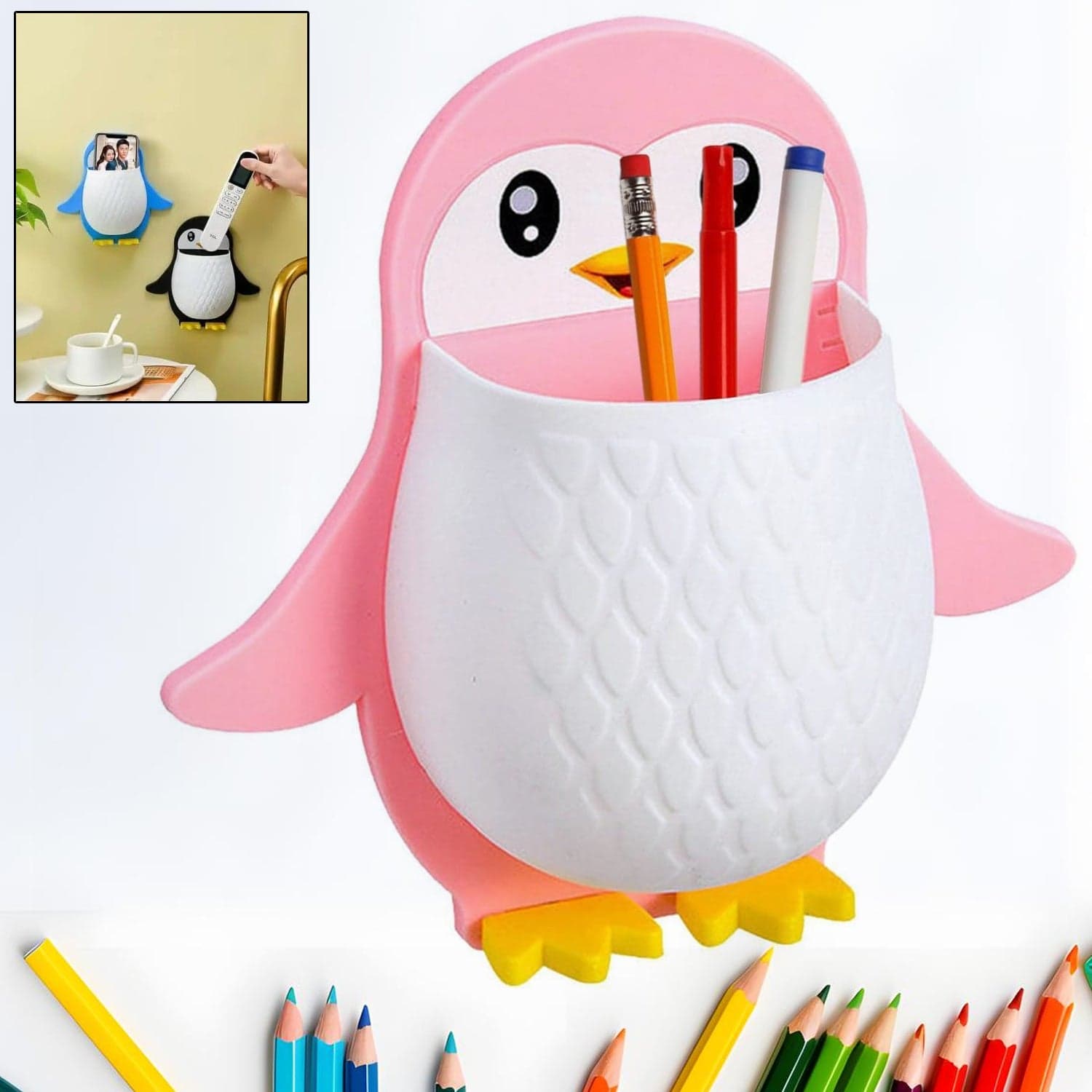 Penguin Storage Box, Adhesive Remote Case, Electric Toothbrushes Holder, Universal Controller Holder, Wall Nightstand, Office Plastic Wall Mount thumbnail 1