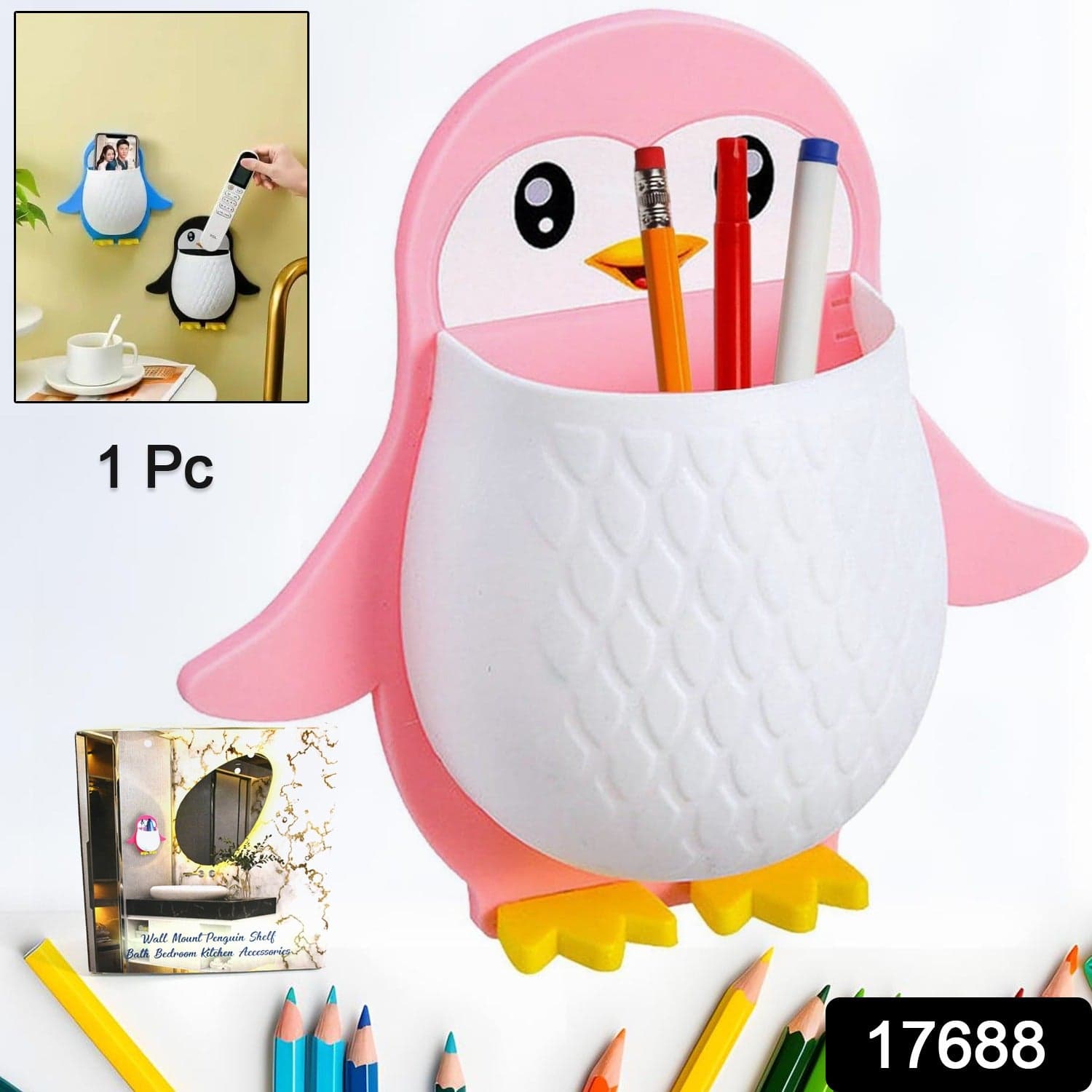 Penguin Storage Box, Adhesive Remote Case, Electric Toothbrushes Holder, Universal Controller Holder, Wall Nightstand, Office Plastic Wall Mount thumbnail 2