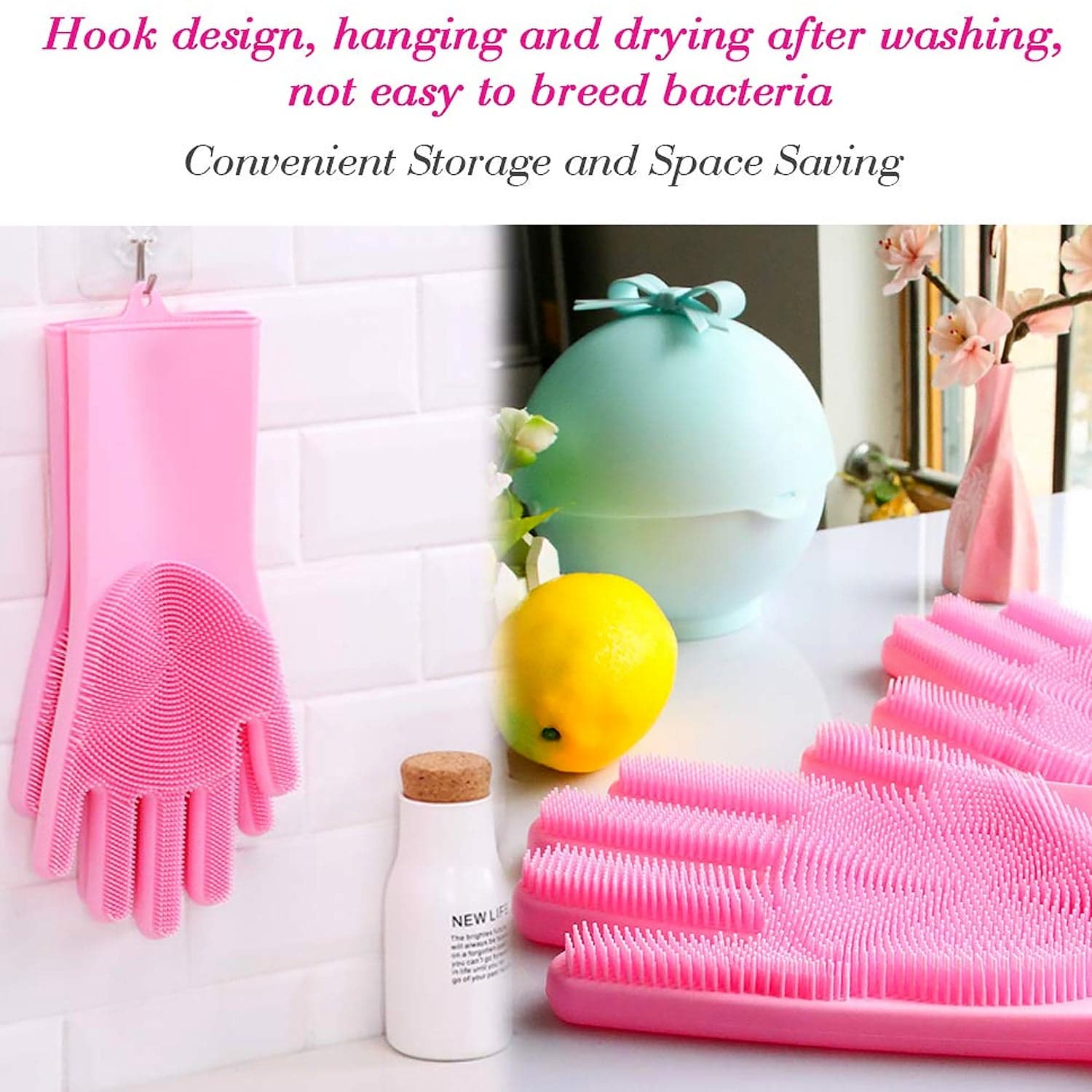 Dishwashing Gloves With Scrubber| Silicone Cleaning Reusable Scrub Gloves For Wash Dish Kitchen| Bathroom| Pet Grooming Wet And Dry Glove (1 Pair ID-17723 thumbnail 5