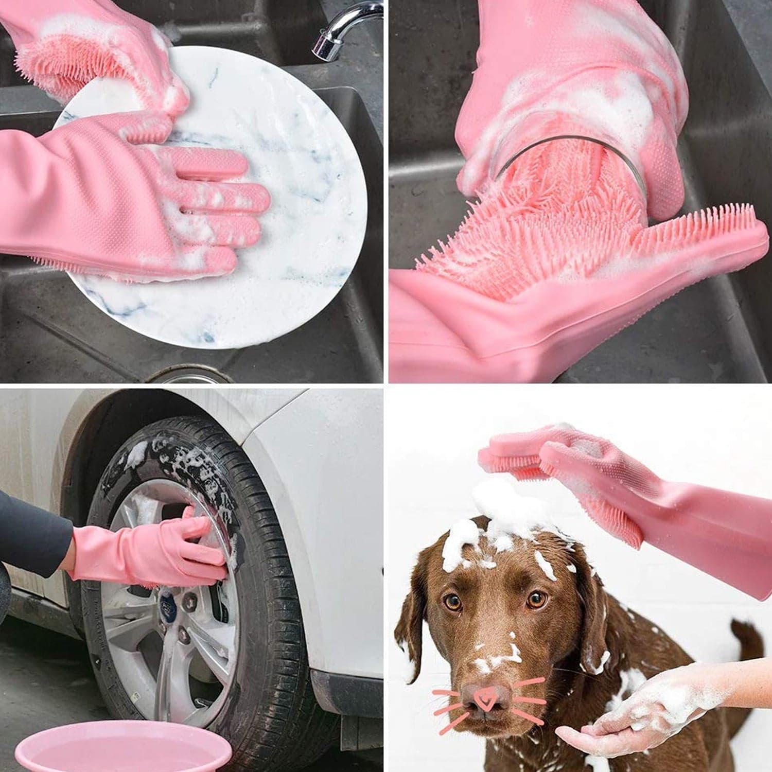 Dishwashing Gloves With Scrubber| Silicone Cleaning Reusable Scrub Gloves For Wash Dish Kitchen| Bathroom| Pet Grooming Wet And Dry Glove (1 Pair ID-17723 thumbnail 6