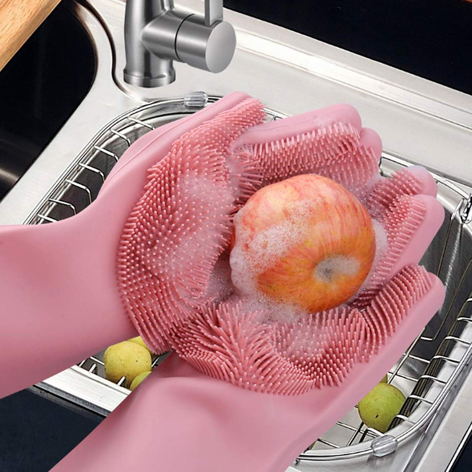 Dishwashing Gloves With Scrubber| Silicone Cleaning Reusable Scrub Gloves For Wash Dish Kitchen| Bathroom| Pet Grooming Wet And Dry Glove (1 Pair ID-17723 thumbnail 7