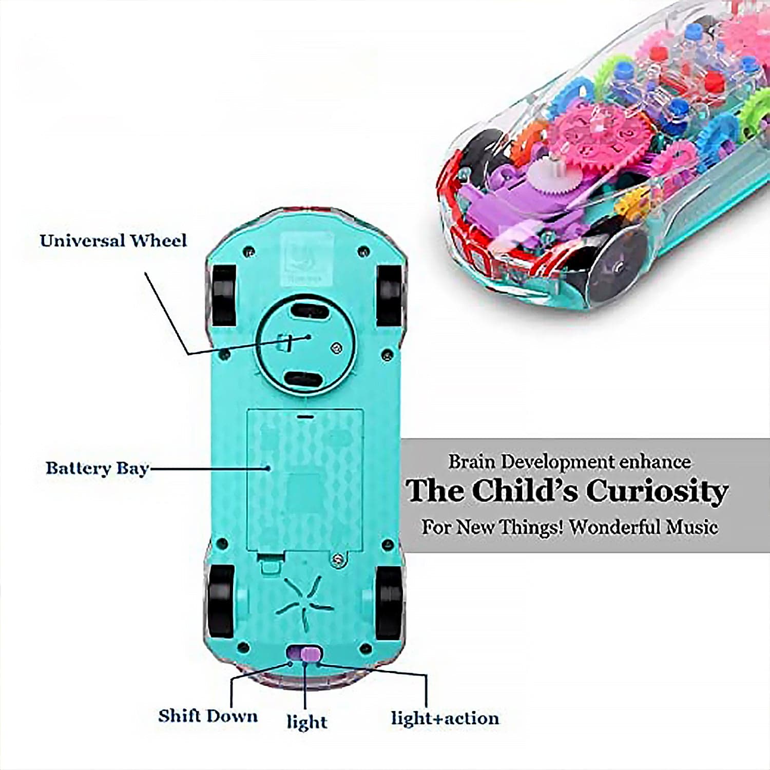 Automatic 360 Degree Rotating Transparent Gear Concept Car With Musical And 3D Flashing Lights Toy (Multicolor / Battery Not Included) thumbnail 5