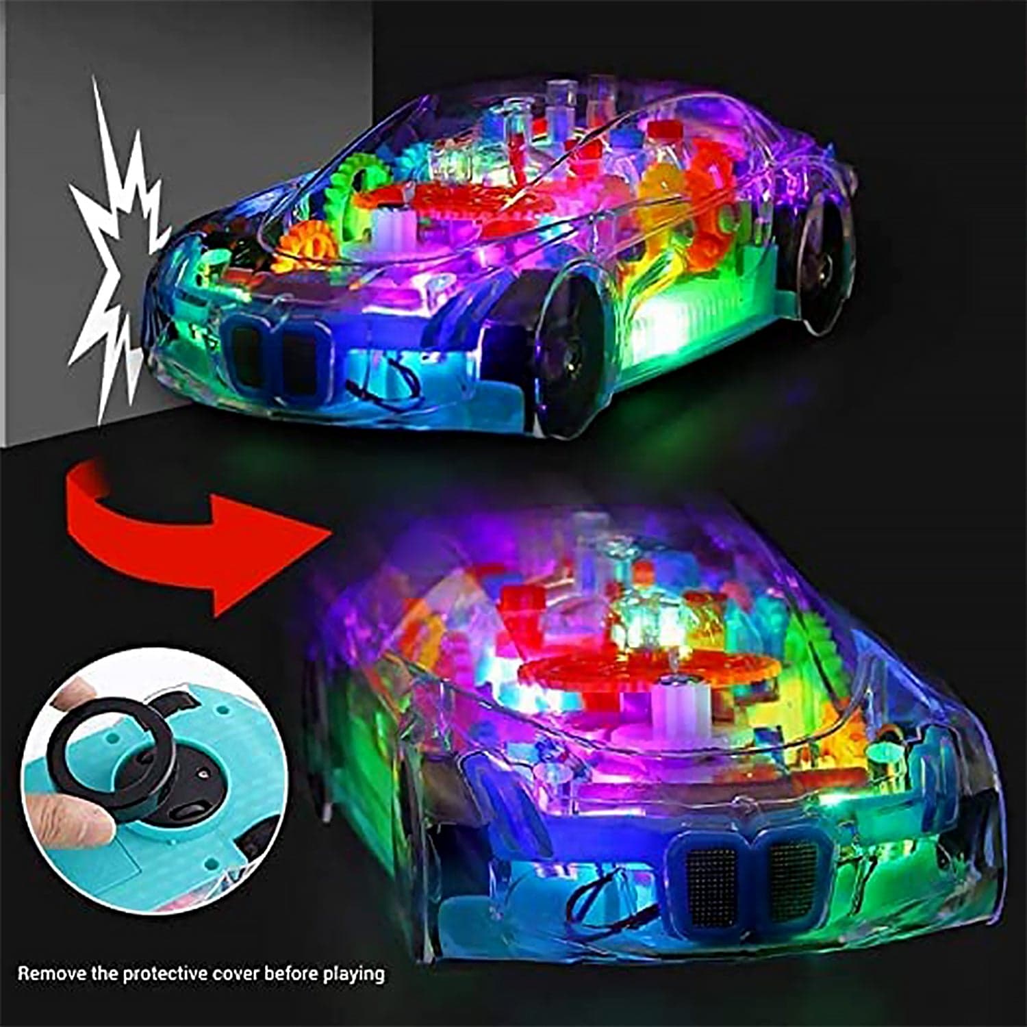 Automatic 360 Degree Rotating Transparent Gear Concept Car With Musical And 3D Flashing Lights Toy (Multicolor / Battery Not Included) thumbnail 6