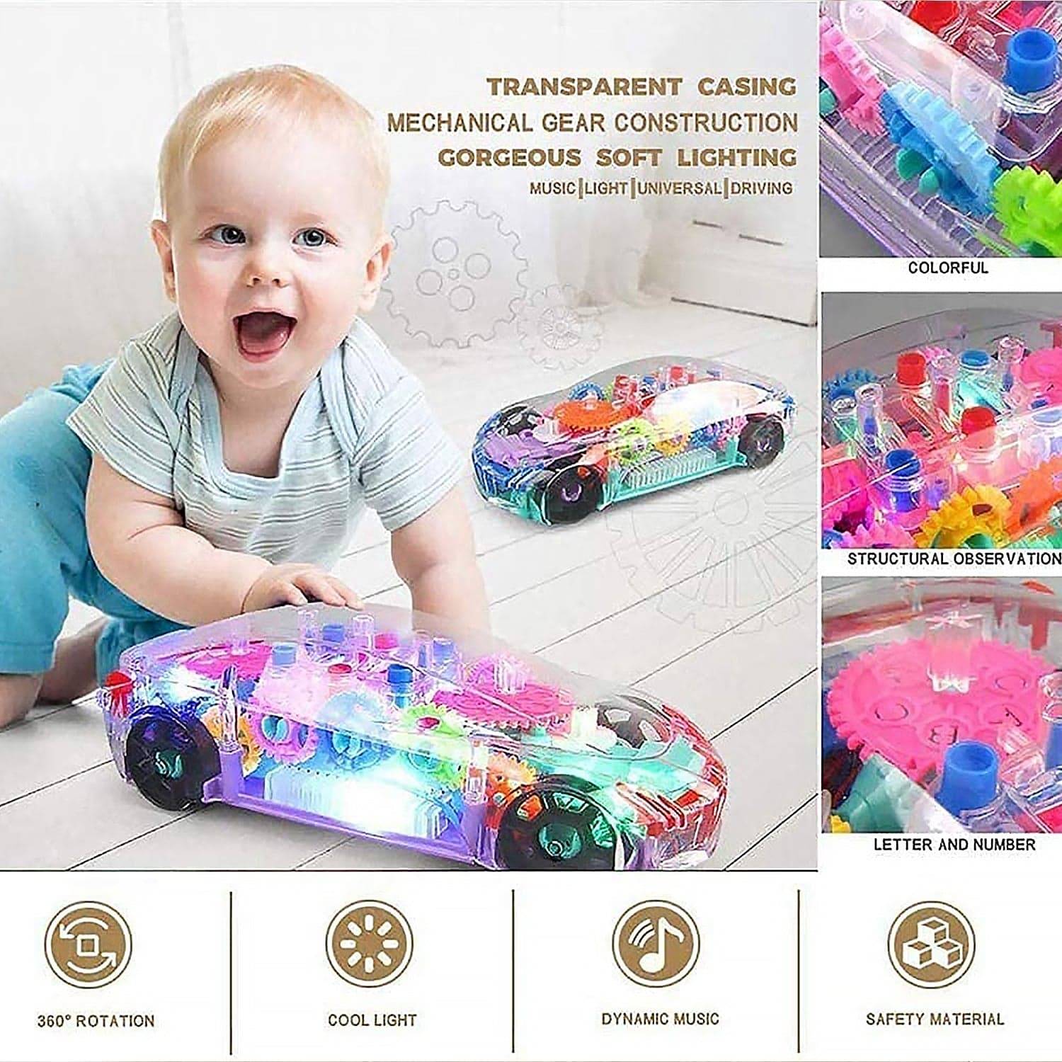 Automatic 360 Degree Rotating Transparent Gear Concept Car With Musical And 3D Flashing Lights Toy (Multicolor / Battery Not Included) thumbnail 8