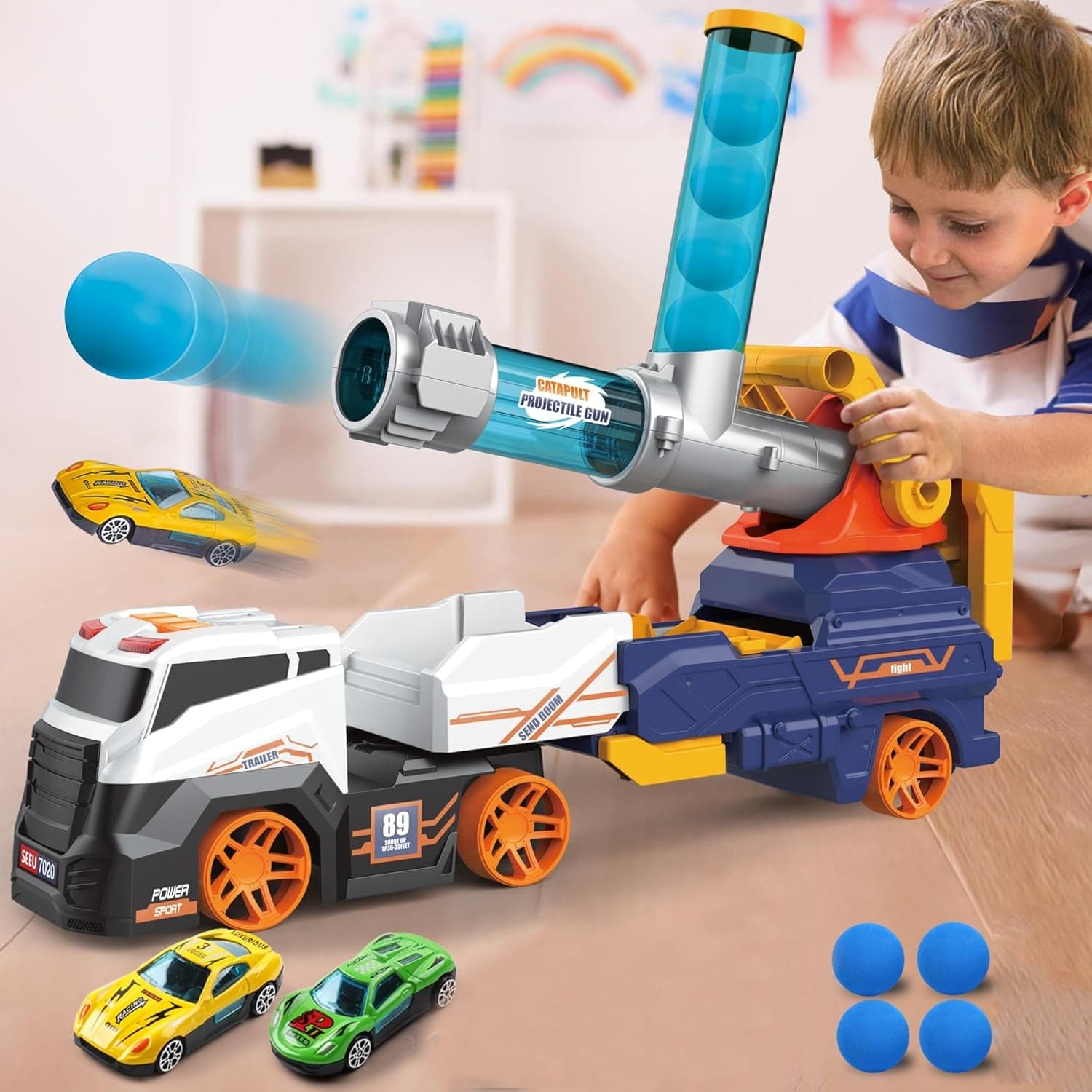Large Truck Toys Include 2 Racing Cars+4 Ball, with Light & Sounds (Battery Not Included) thumbnail 1