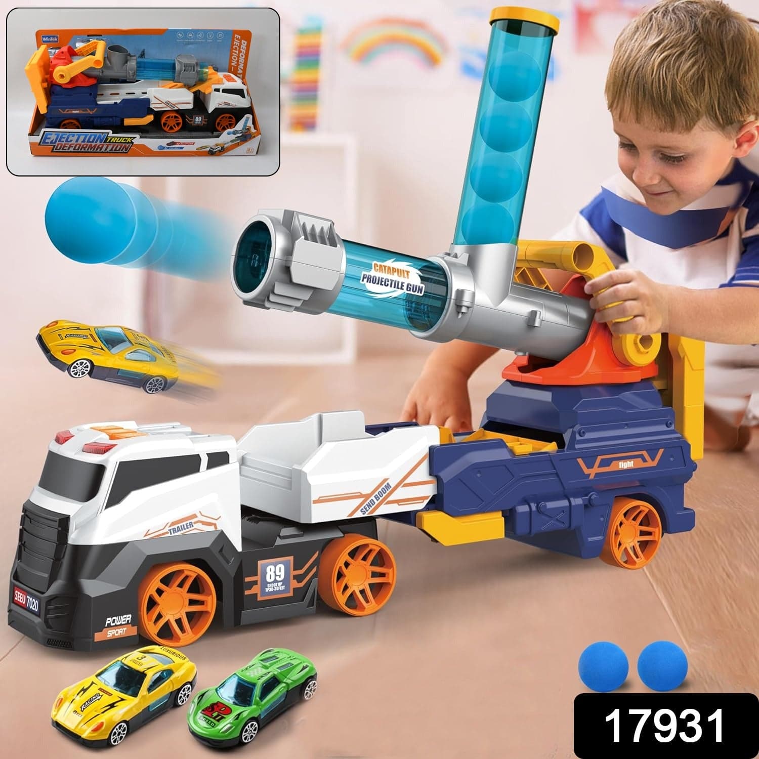 Large Truck Toys Include 2 Racing Cars+4 Ball, with Light & Sounds (Battery Not Included) thumbnail 2