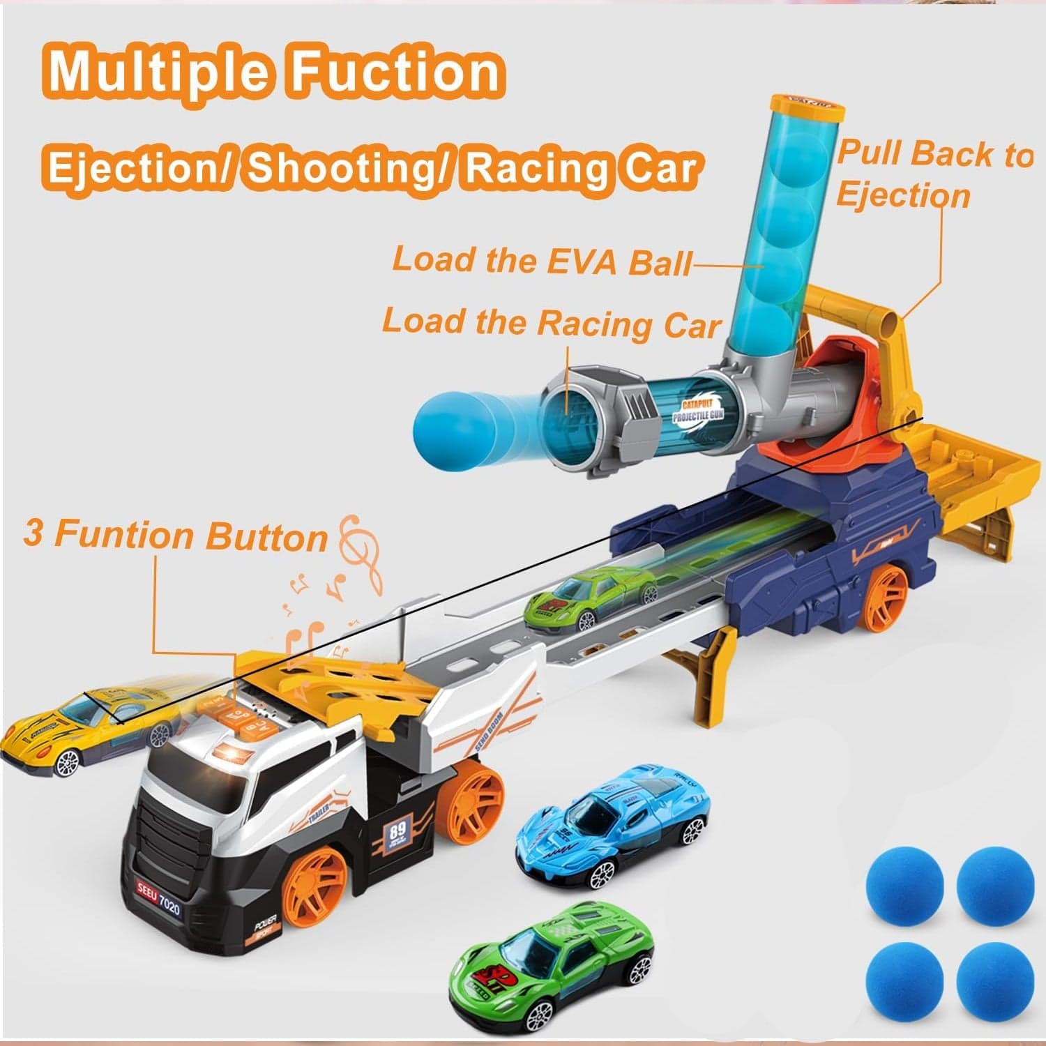 Large Truck Toys Include 2 Racing Cars+4 Ball, with Light & Sounds (Battery Not Included) thumbnail 3