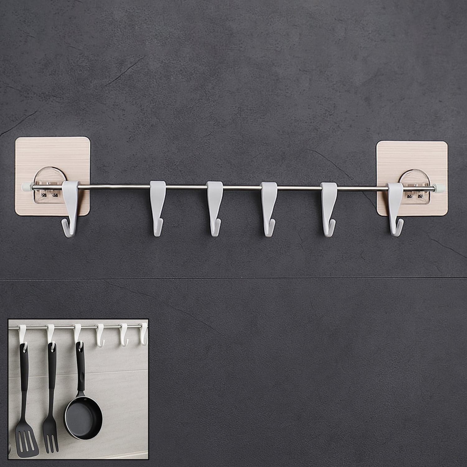 Stainless Steel Utensil Hanger Rail Nail Free Wall Mount with 2 Magic Stickers & 6 Plastic Hooks For Kitchen thumbnail 1