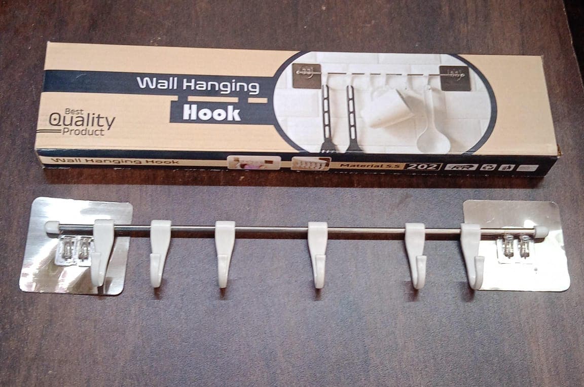 Stainless Steel Utensil Hanger Rail Nail Free Wall Mount with 2 Magic Stickers & 6 Plastic Hooks For Kitchen thumbnail 8