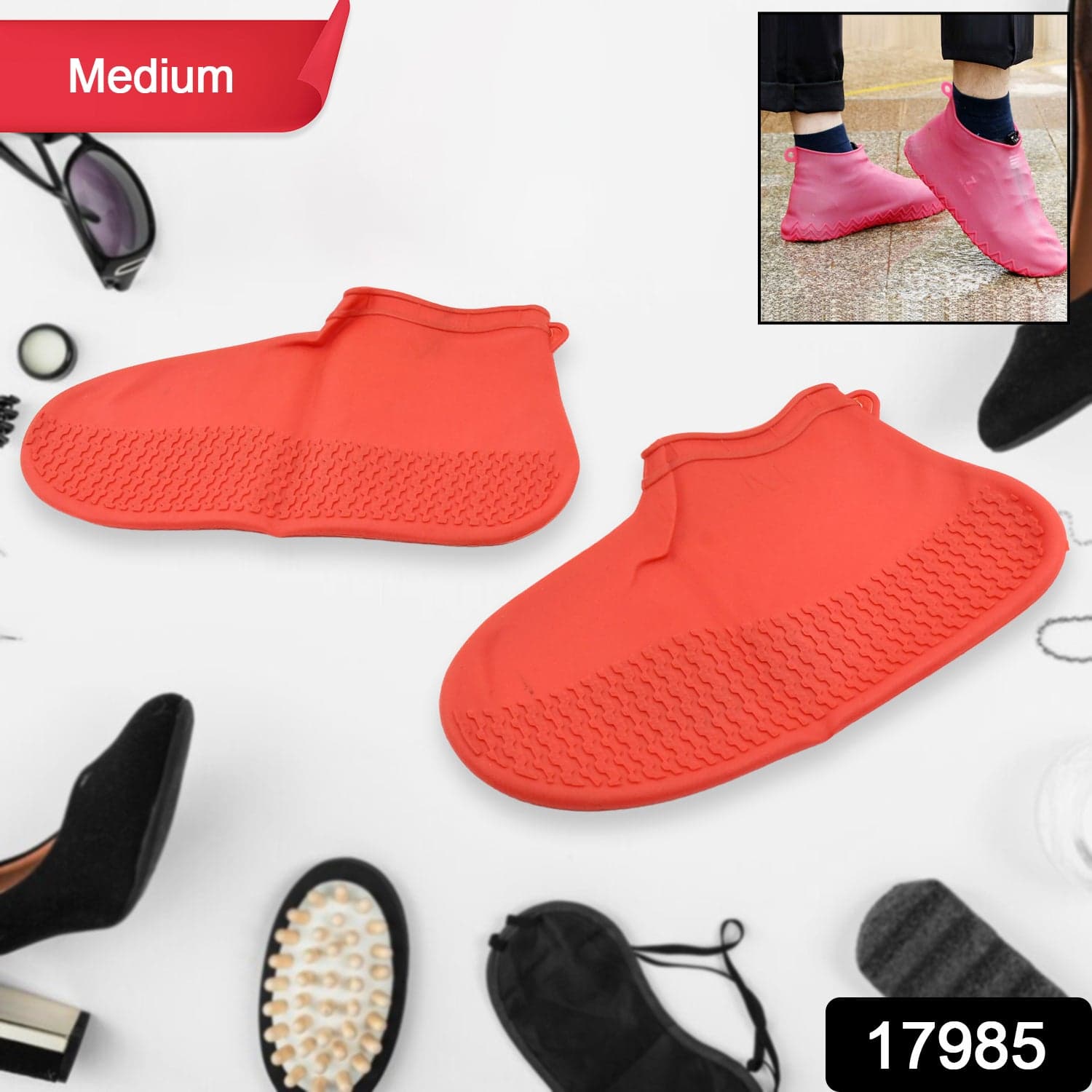 Non-Slip Silicone Rain Reusable Anti skid Waterproof Fordable Boot Shoe Cover (Medium Size / 1 Pair / Red) thumbnail 2