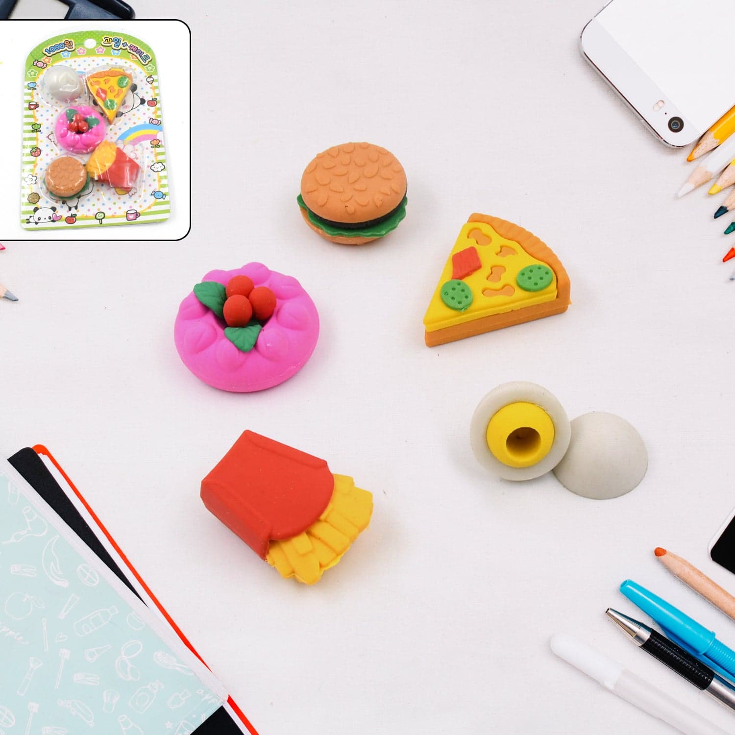 3D Food-Shaped Colorful Eraser Set of Cute Novelty Mini Erasers for Kids (5 Pc Set) thumbnail 3